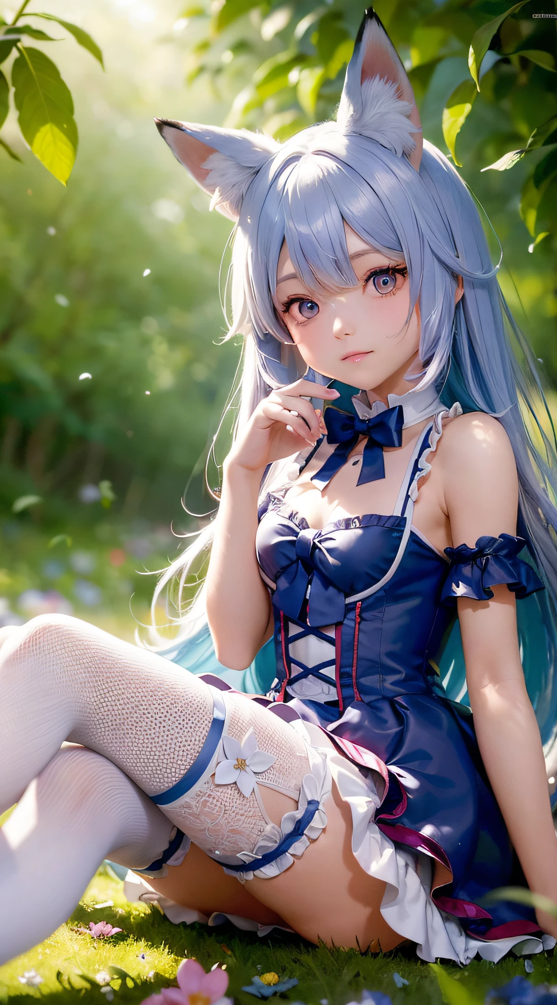 (16k ultra-fine CG wallpaper, HD masterpiece, excellent picture quality, super fine texture), (excellent light and shadow, delicate and beautiful), (real smooth skin), (jewel-like shining eyes), (18K close-up), anime, cute, loli girl (full body: 1.1), sitting on a branch, outdoor, blue hair, animal ears, animal ear hair, fox girl, alice in wonderland, stockings, mid-chest, sleeveless princess dress, butterfly, fantasy, magic, flower, ray tracing, Tyndall effect, depth of field, blur background, blur foreground, light particles, reflected light, edge light, bloom effect,