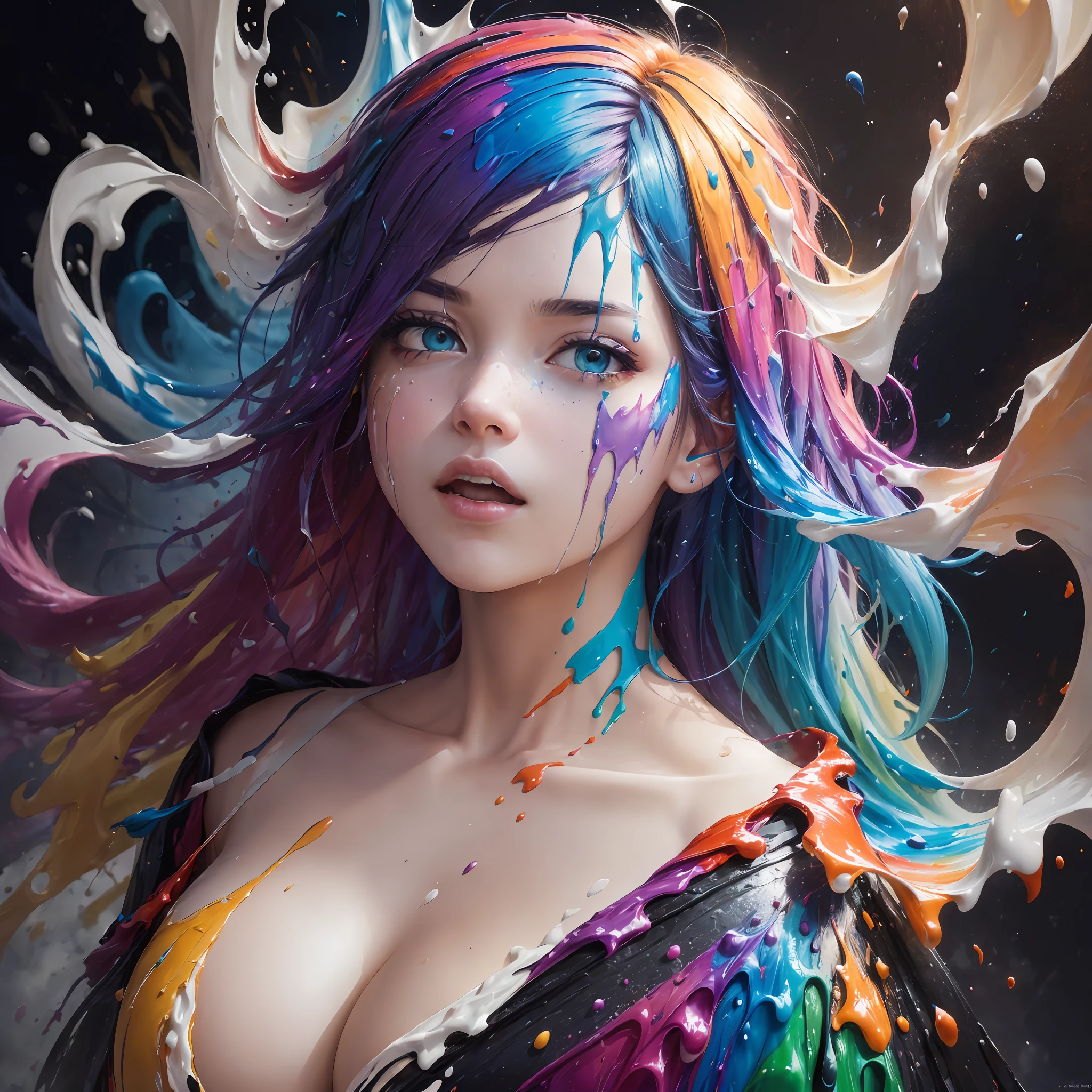 (level difference:1.8),(Paint colliding and splashing on the canvas),(depth of field),1girl's side face blends into it,((side face)),open mouth,(liquid paint rainbow hair:1.1) made of paint and defies gravity,thick flowing,(paint splatter:1.3),Liquid state,stunningly beautiful, masterpiece, detailed background,ultra high quality model, ethereal background,abstract beauty, explosive volumetric, oil painting,heavy strokes,Romantic lighting,Sub-Surface Scatterring,lens 135mm,f1.8,glow,8k,high resolution, dreamy,ray tracing,hdr,god rays,