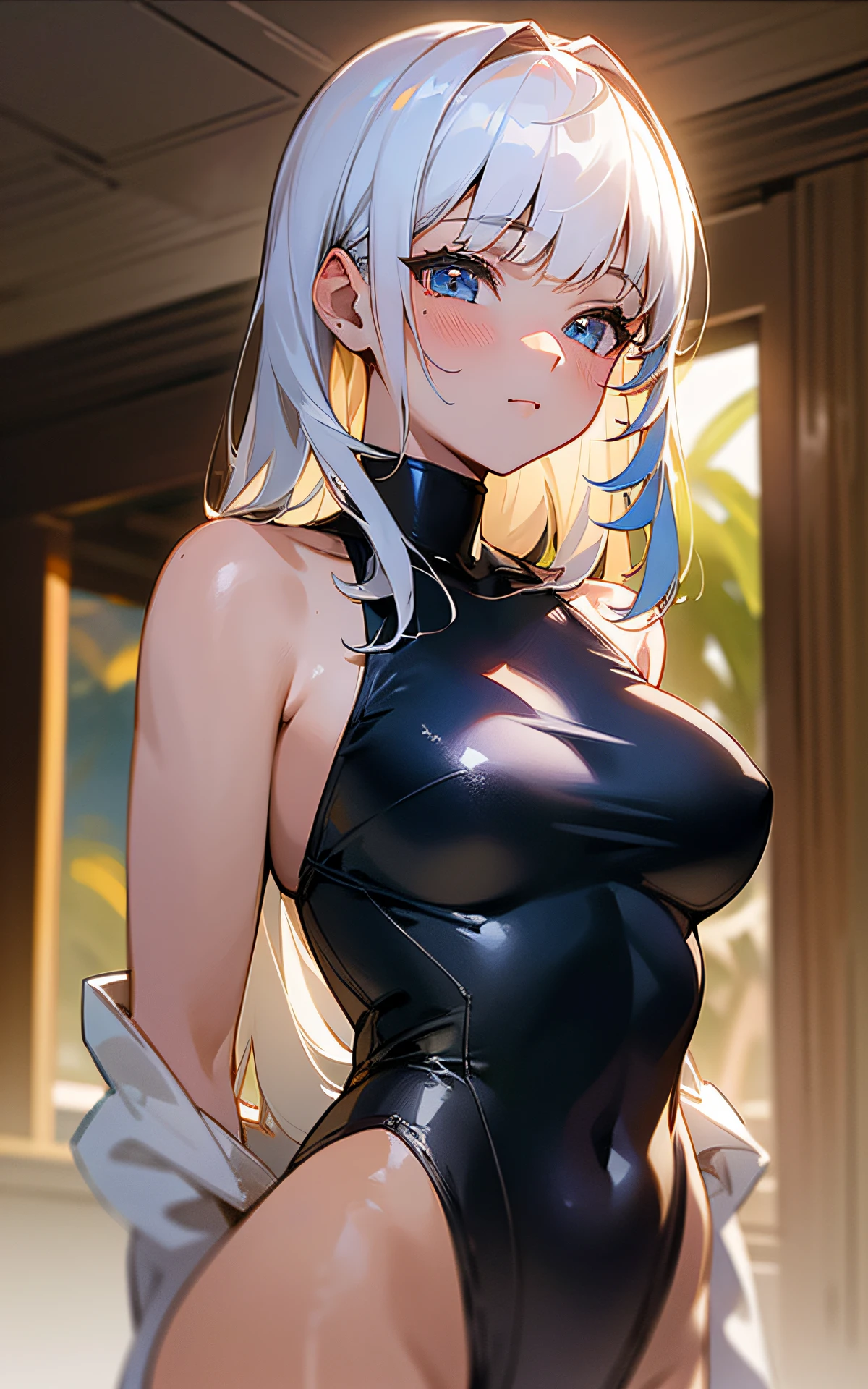 ((unity 16k wallpaper, masterpiece, best quality, ultra-detailed, extremely detailed CG, caustics, cinematic lighting, detailed, beautiful detailed eyes)), ultra high resolution, fine skin, (cute: 1.2), ( ), (old school swimsuit: 1.6)), (sunset beach: 2.0), ((writing in background)), white hair, biunt bangs