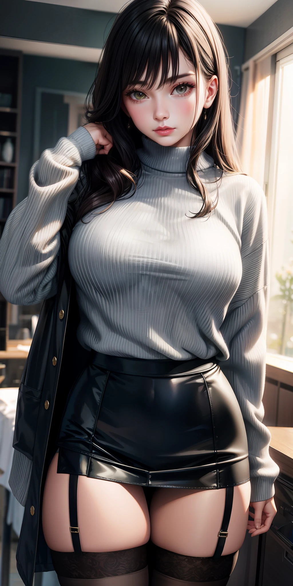 Realistic, 2 women.sweater,skirt,garter belt