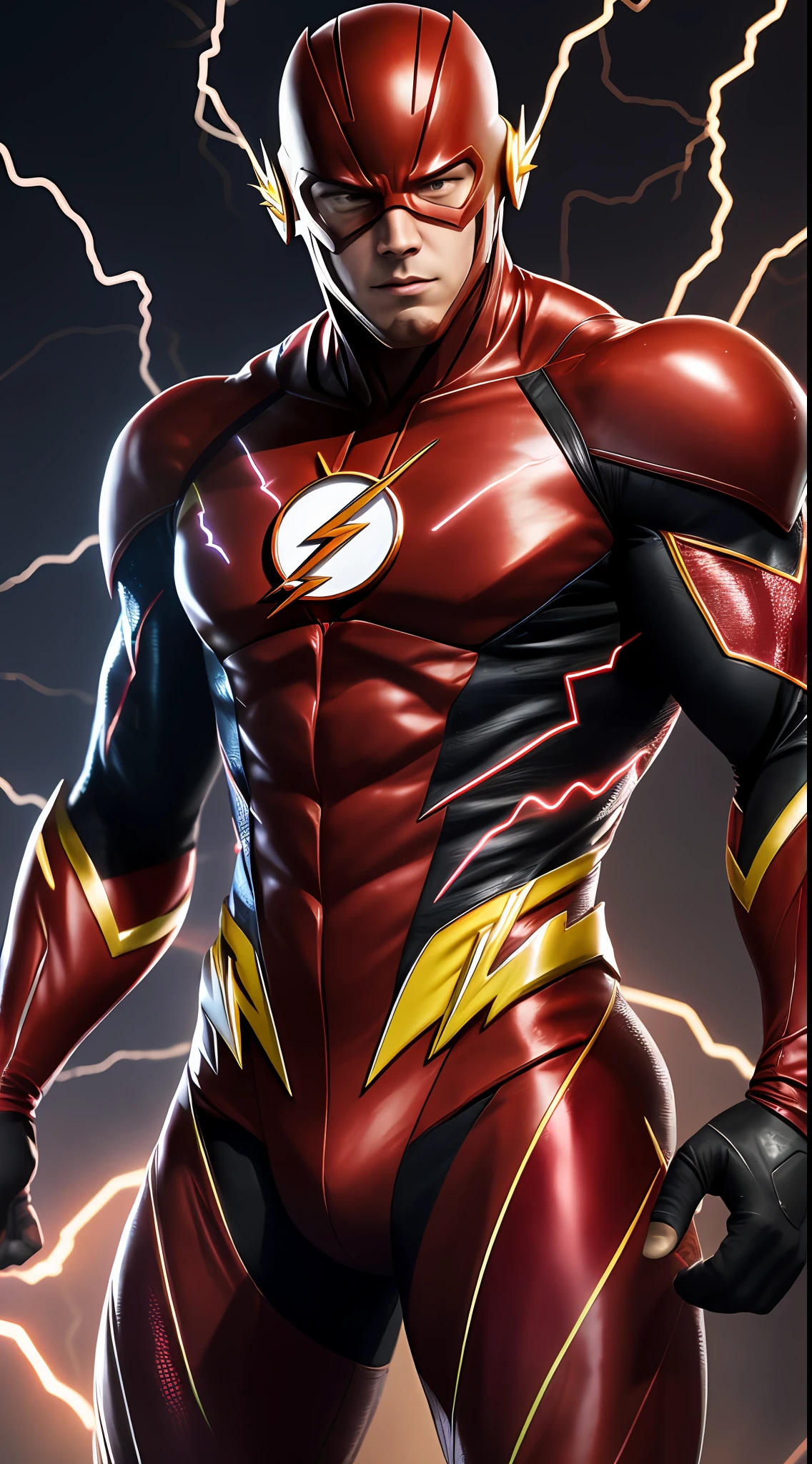 The Flash, best quality, high resolution, tall, muscular, hunk, black and scarlet red neon suit, yellow lightning trail, detailed face, detailed suit, masterpiece, tunnle of light in the background, 4k, raw photo