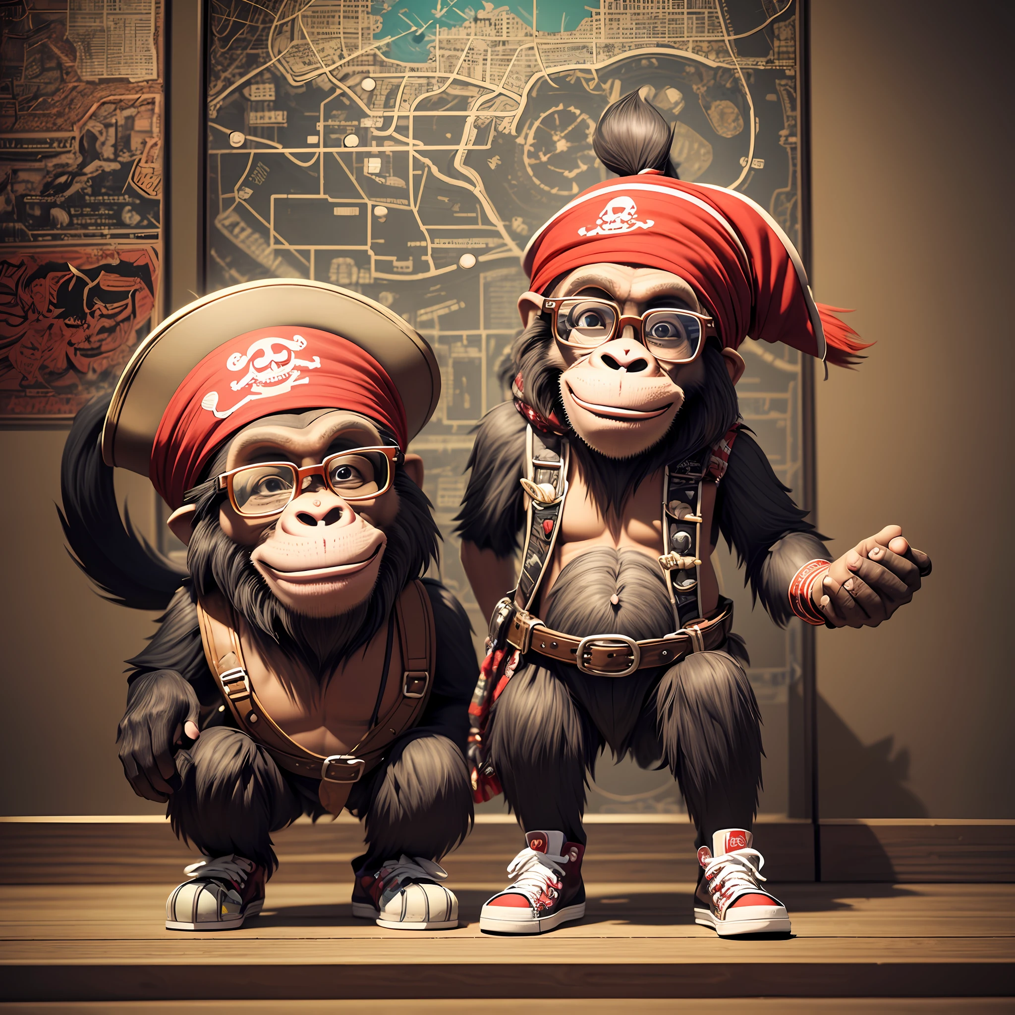 Anthropomorphic cute and adorable charming smiling pirate ape wearing glasses and Chuck Taylor sneakers, pirate hat and red turban, 3d cartoon character. hyperrealism, photorealistic, beautiful detailed intricate, insanely detailed, award-winning photograph. dark background, illuminated by neon light. --auto --s2