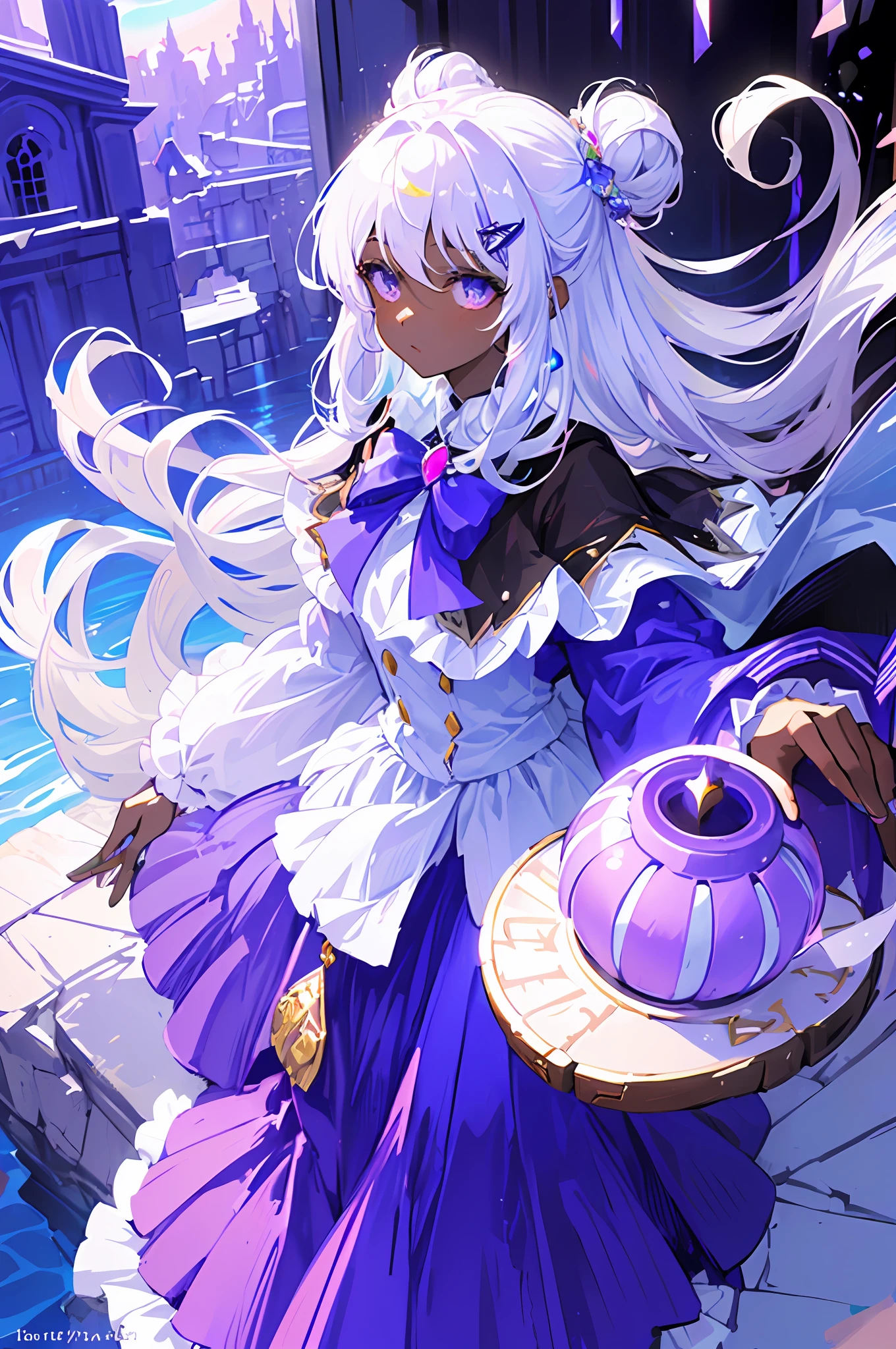 (((masterpiece))), (((best quality))), ((ultra-detailed)), (illustration), (1 girl), ((, dark skin, brown skin tone, coily hair,)) (solo), ((an extremely delicate and beautiful)), ((beautiful detailed background of magical ancient palace)), beautiful detailed eyes, hairs between eyes, ribbons, bowties, heart buttons, magical theme, mystical atmosphere, vibrant intense colors ,((color palette:bright white and toxic purple, with a bit of muted down grey blue,)) ((breeze)), wind, hair in a bun, multi color eyes, hair ornament, whimsical, gacha splash, official art, glowing particles, glow orbs, ghosts, haunted, intriguing,