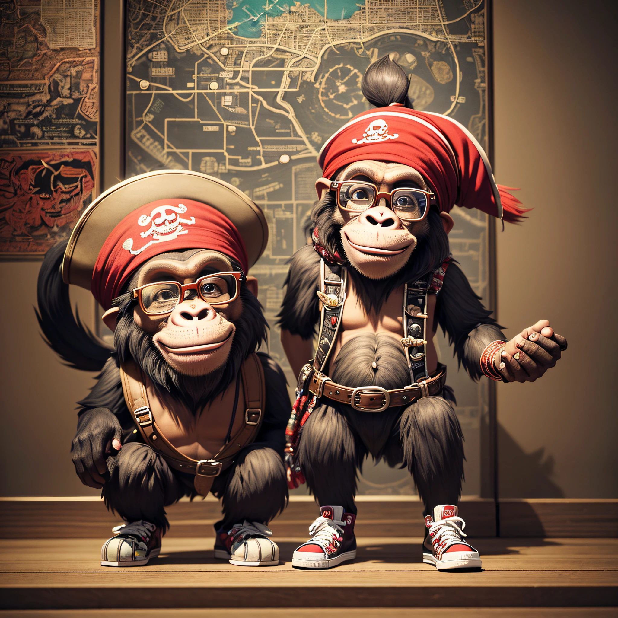 Anthropomorphic cute and adorable charming smiling pirate ape wearing glasses and Chuck Taylor sneakers, pirate hat and red turban, 3d cartoon character. hyperrealism, photorealistic, beautiful detailed intricate, insanely detailed, award-winning photograph. dark background, illuminated by neon light. --auto --s2