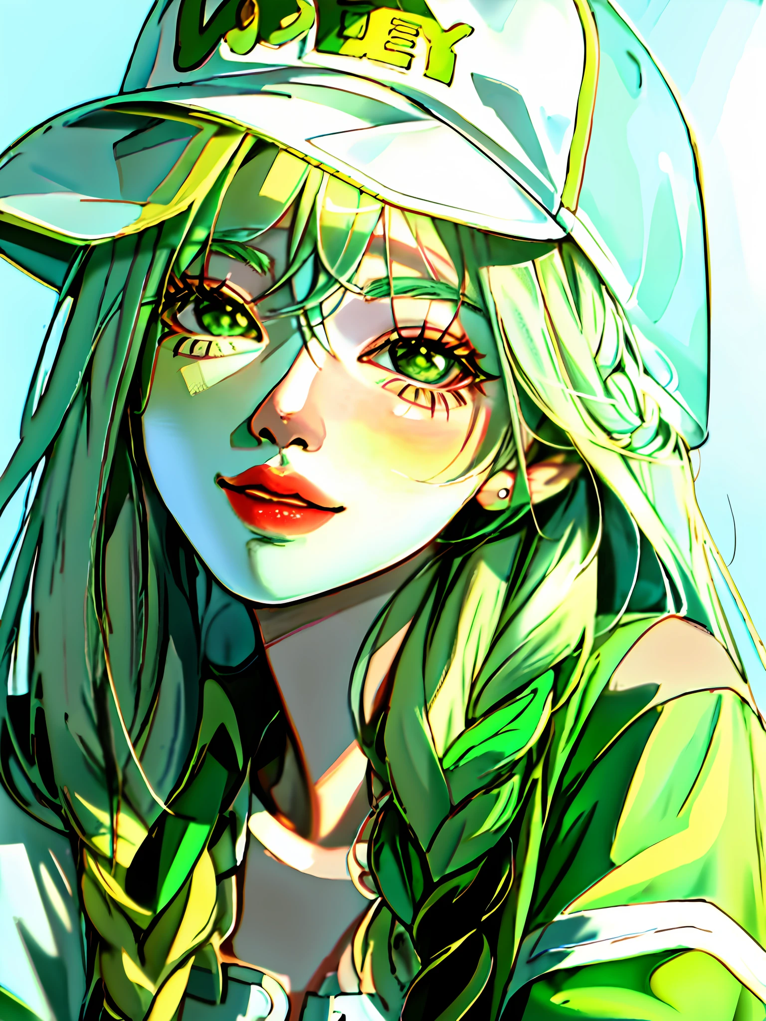 anime girl with green hair wearing a hat and a green shirt, kawaii realistic portrait, light green tone beautiful face, detailed portrait of anime girl, beautiful anime portrait, stunning anime face portrait, cute natural anime face, portrait anime girl, cute anime girl portraits, cute anime girl portrait, beautiful anime girl, beautiful anime face, beautiful anime style, realistic young anime girl