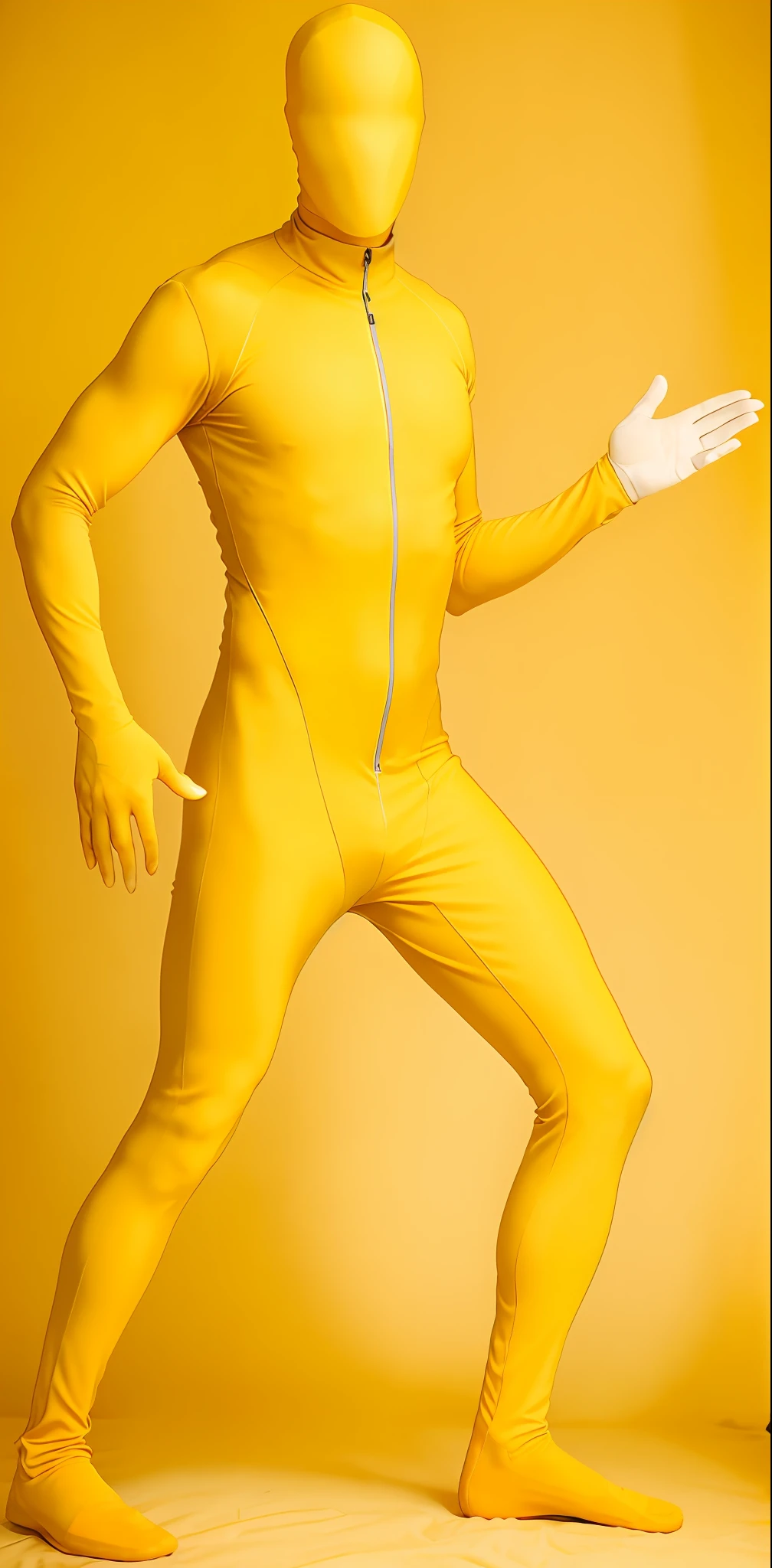 a close up of a person in a yellow bodysuit, yellow x-man costume, lycra costume, zentai suit, tight full body suit, fullbodysuit, skintight suits, yellow overall, yellow minion from despicable me, yellow skin, in spandex suit, mono-yellow, yellow space suit, x man costume, elegant yellow skin, x-man costume