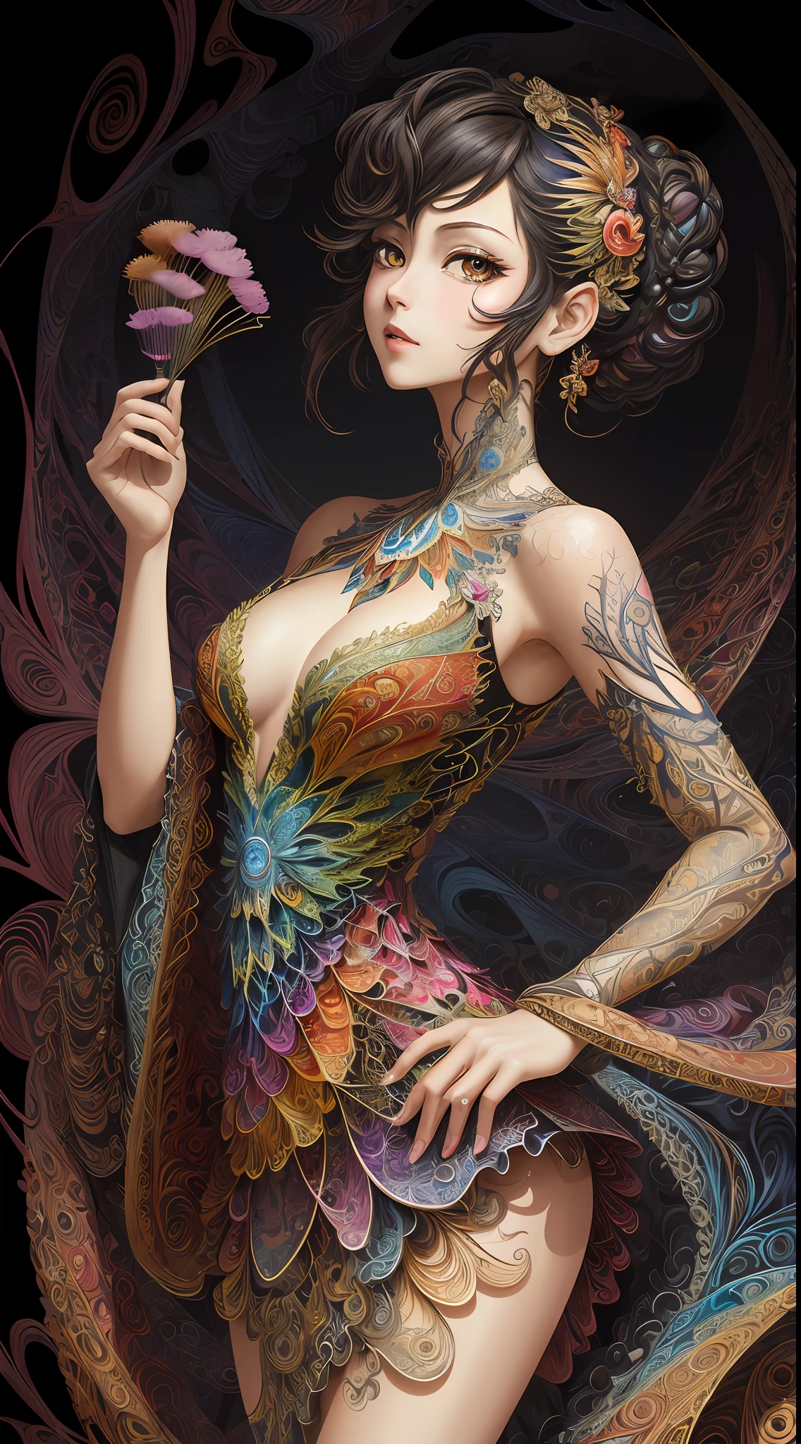 (masterpiece, top quality, best quality, official art, beautiful and aesthetic:1.2), (1girl:1.3), extremely detailed,(fractal art:1.2),colorful,highest detailed,(zentangle:1.2), (dynamic pose), (abstract background:1.5), (treditional dress:1.2), (shiny skin), (many colors:1.4), upper body, masterpiece, best quality,high quality,highres, 16K,RAW,ultra highres,ultra details,finely detail,an extremely delicate and beautiful,extremely detailed,real shadow, anime,highly detailed painted,award winning glamour paintting,wonderful paintting,art style,stylized,