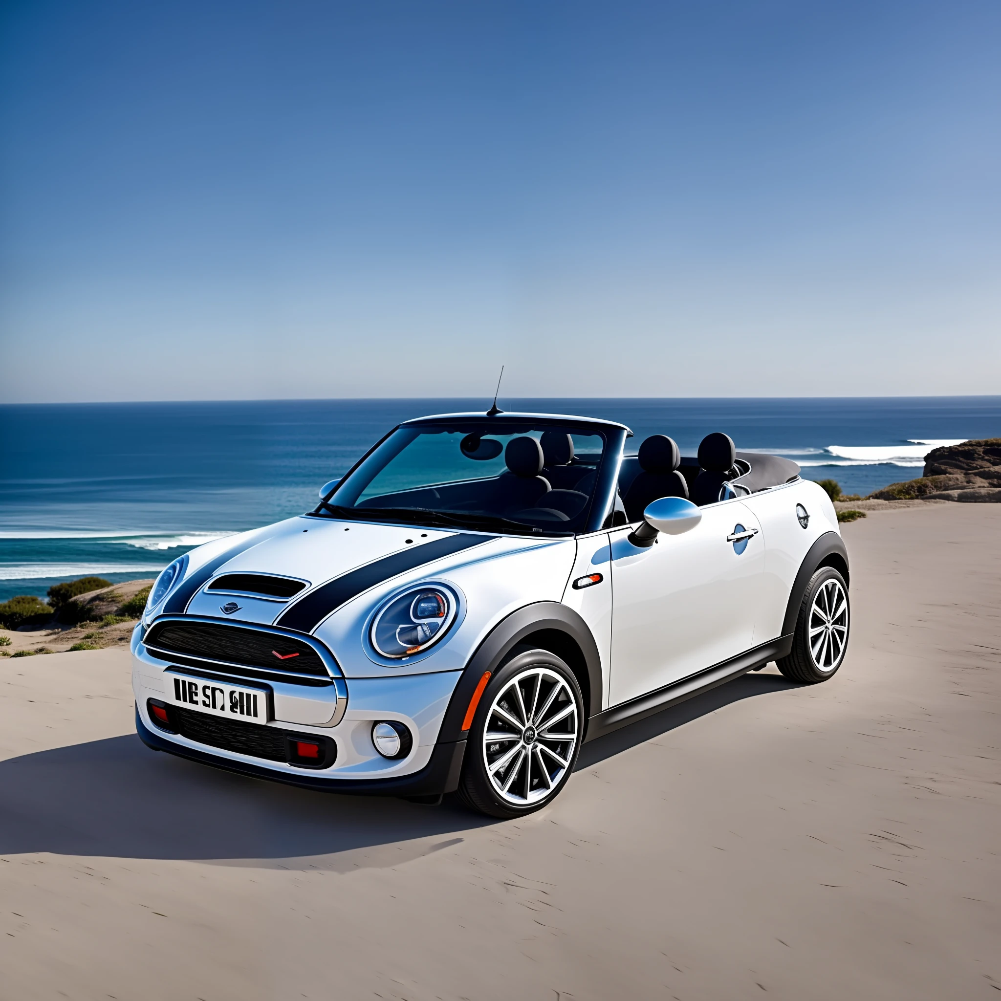 Appearing completely white mini coupe with black details, convertible with 20 chrome rim wheels, 8K ultra, hyper realistic, realistic photo, real image, on the edge of Cascais beach. --auto --s2