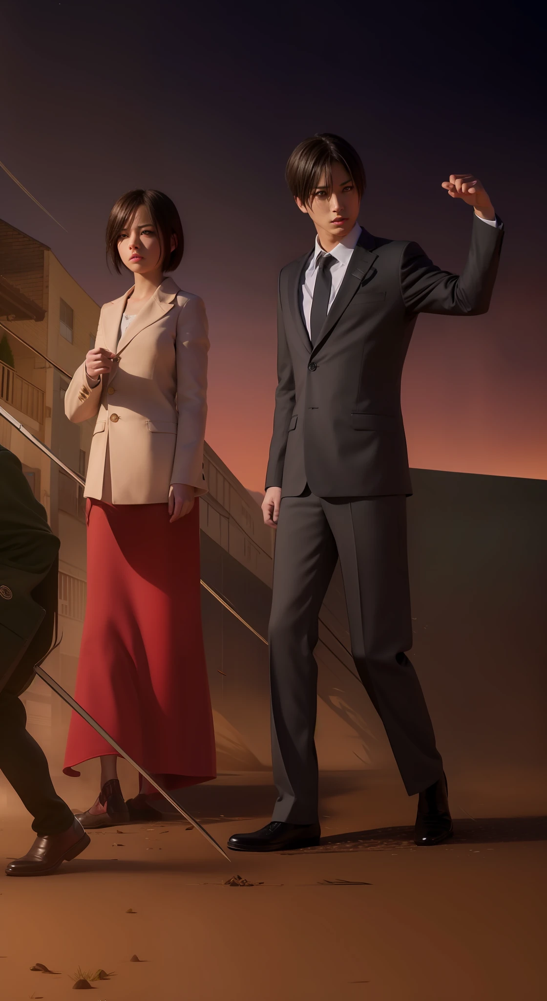 best quality, masterpiece, (realistic: 1.2), real life, live action, aot, Eren Jaeger, Mikasa Ackerman, walking, suit, night background