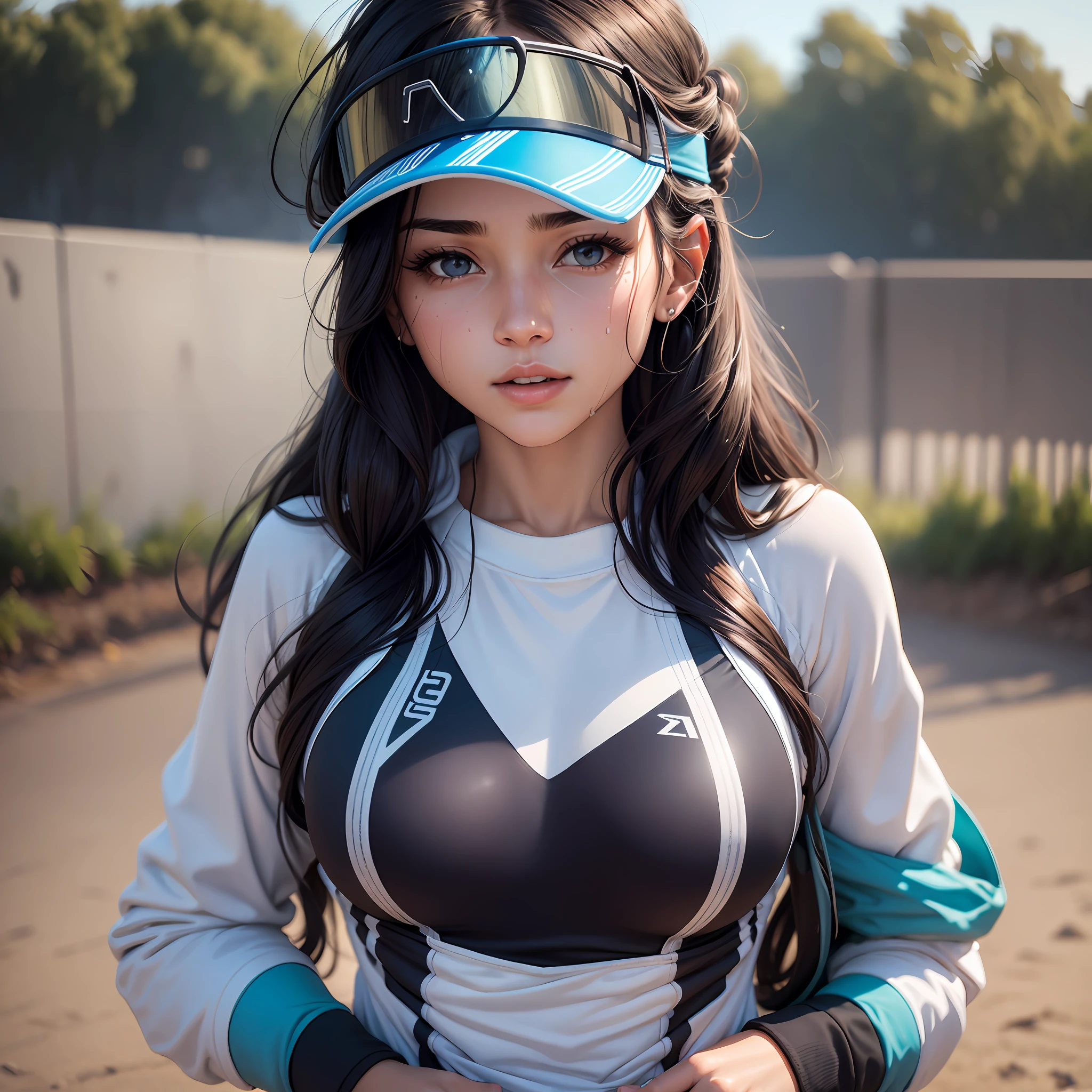 (Best Quality, Masterpiece, 8K, Ultra High Resolution, Realistic, Close-up, Photon Mapping, Teleportion, Physically Based Rendering: 1.2), (Beautiful Fine Face and Smooth Forehead and Long Black Hair and Messy Hair: 1.2), (Colored Clothes: 1.5), (Beautiful Face and Delicate Whitening of Face, Extremely Detailed 8K Color Clothes: 1.2), 1 Girl, Solo, (Young), Detailed Face, Shiny Skin, Intricate Details, Look at the Audience. The sporty girl wears dry sweatshirts and tight sweatpants, and the clothes and pants are partially made of elastic and breathable materials that fit the body perfectly, bringing great comfort and sports experience. She wears a pair of lightweight sneakers that provide excellent support and cushioning, making her more comfortable when exercising. In addition, she wears a sports cap with a sweating function, which not only absorbs sweat and moisture, but also protects her head from the sun and wind and sand. The overall dress is clean and neat, adding vitality and fashion to her health movement.