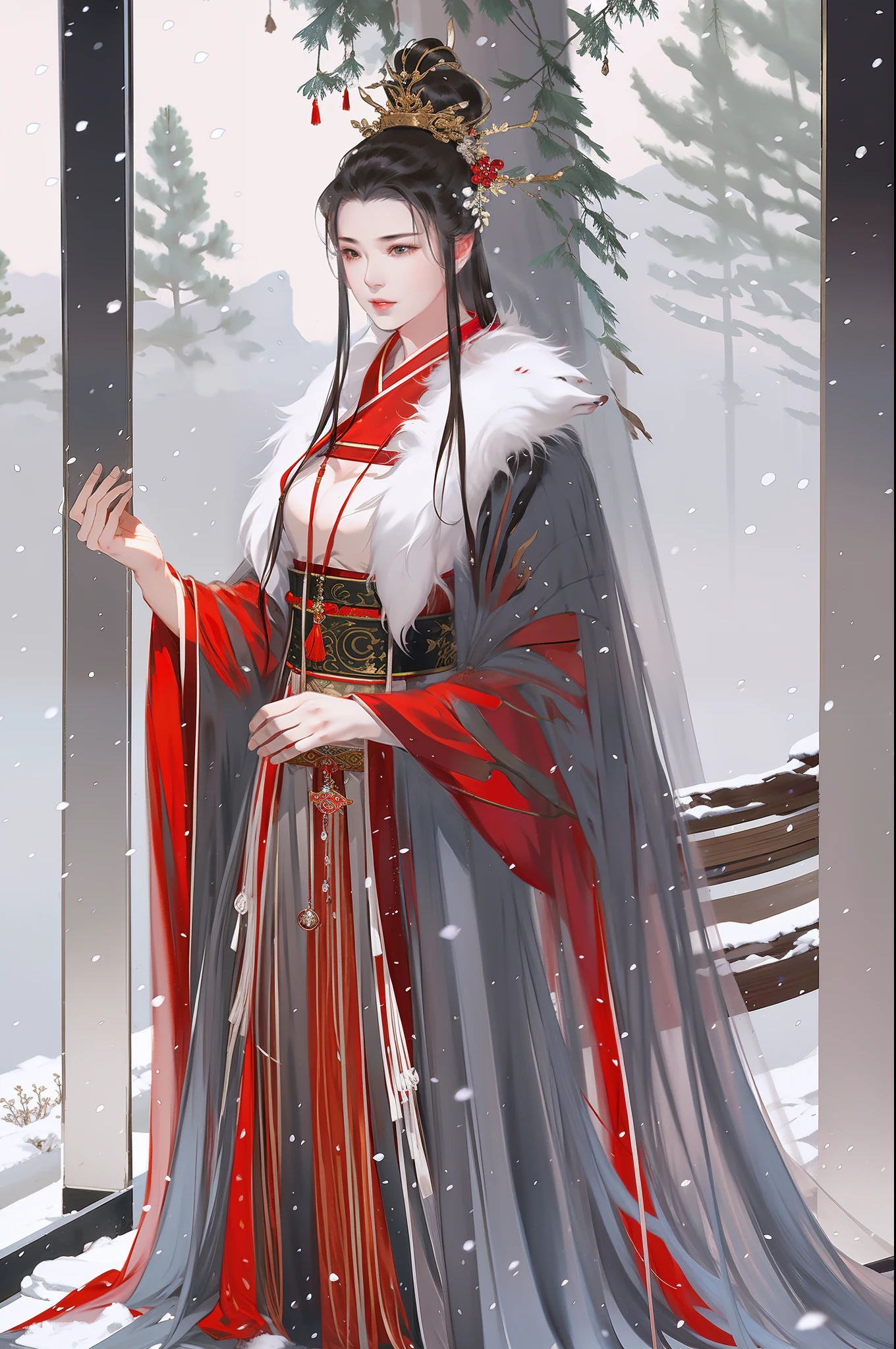 An ancient Chinese beauty, full body, standing by the window, dignified temperament, flowing red long skirt, furry cape, clear face, melancholy eyes, heavy snow, movie edge light, delicate light, masterpiece, epic composition, super HD, highest quality, 32k