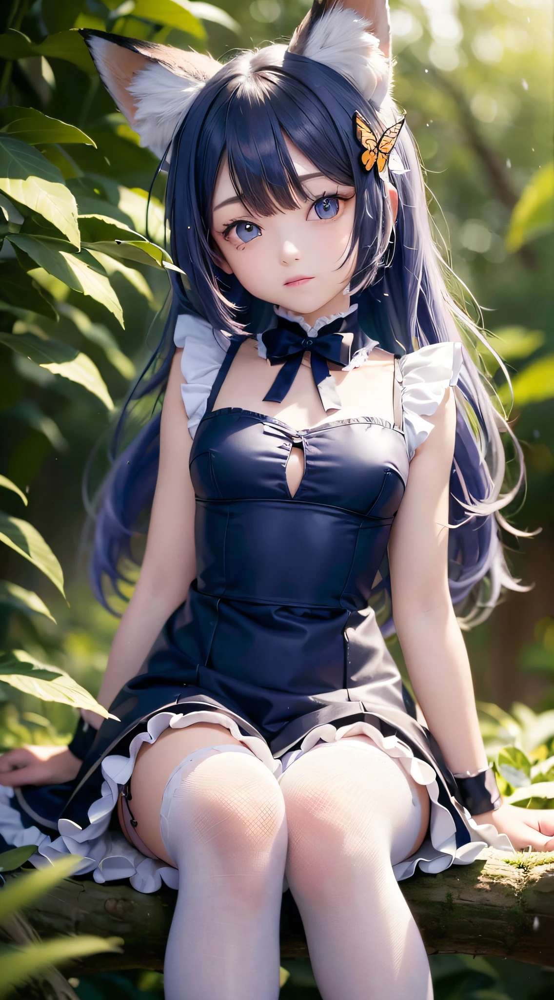 (16k ultra-fine CG wallpaper, HD masterpiece, excellent picture quality, super fine texture), (excellent light and shadow, delicate and beautiful), (real smooth skin), (jewel-like shining eyes), (18K close-up), anime, cute, loli girl (full body: 1.1), sitting on a branch, outdoor, blue hair, animal ears, animal ear hair, fox girl, alice in wonderland, stockings, mid-chest, sleeveless princess dress, butterfly, fantasy, magic, flower, ray tracing, Tyndall effect, depth of field, blur background, blur foreground, light particles, reflected light, edge light, bloom effect,