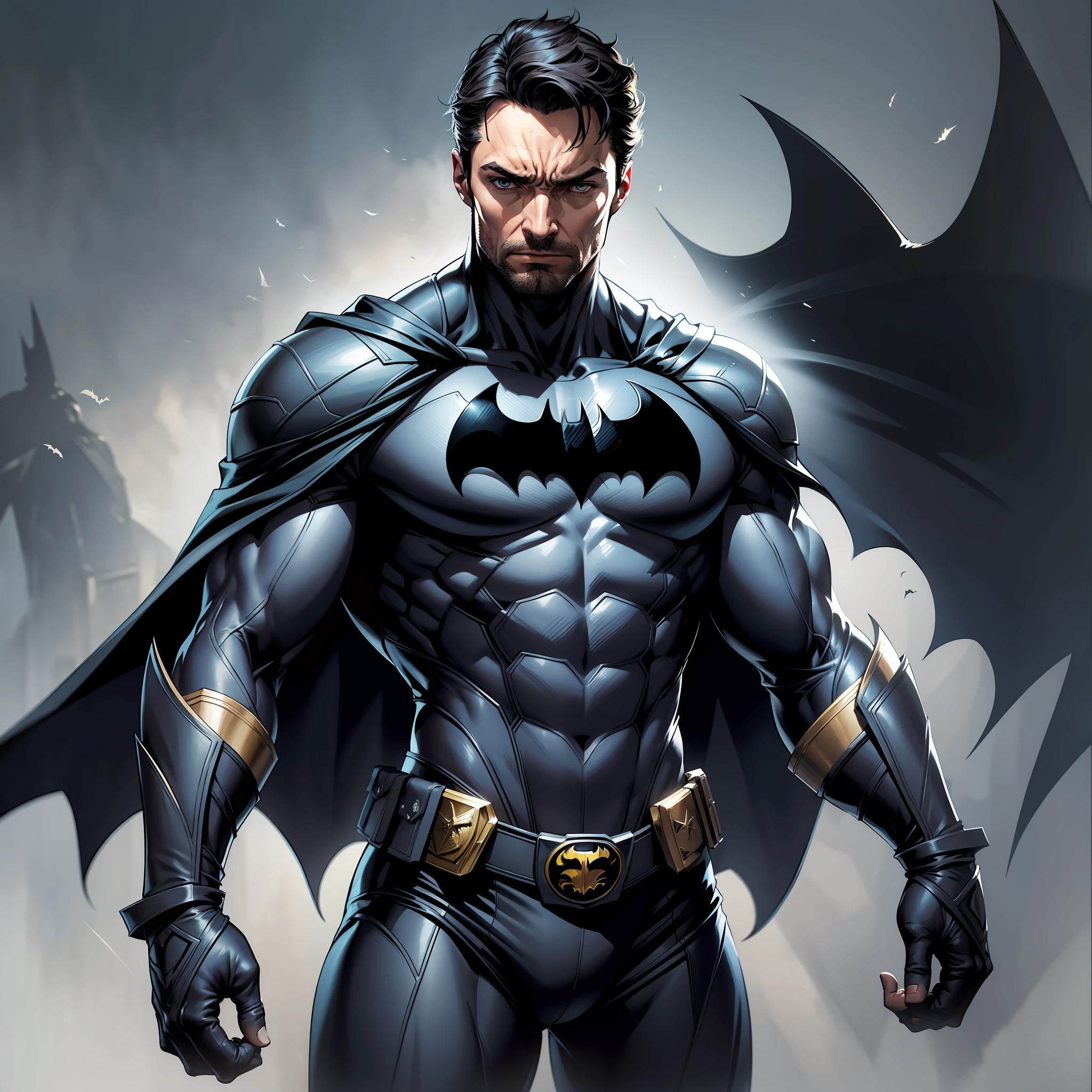 The image highlights Hugh Jackman without the Batman mask, but still with the full costume. The focus of the image is on the physical appearance of the character, with Jackman sporting a muscular and well-defined physique. Batman's costume is meticulously rendered in 4K, highlighting the texture of the fabric and the iconic features of the uniform, such as the fluttering cape and the bat symbol on the chest. The expression on Jackman's face is harsh and determined, conveying the character's powerful presence. The dramatic light creates deep shadows around Jackman's face, further emphasizing his intimidating appearance. The artistic medium is digital painting, with a focus on capturing the realistic appearance of the character.
