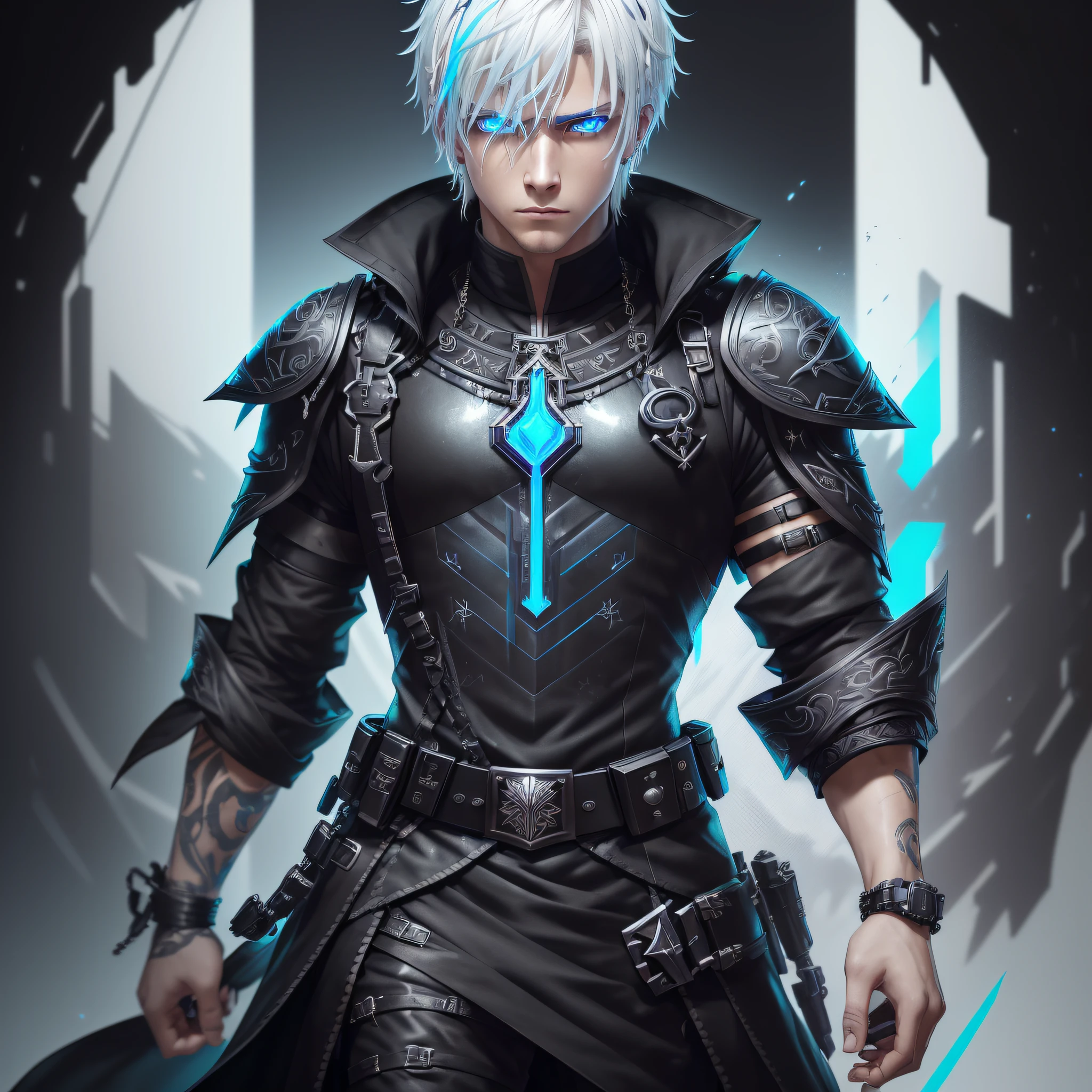Male cyberpunk, fantasy world, dark background, clean design, epic instagram, artstation, colorful ink splashes, silhouette, hyper detailed intricate details, unreal engine, fantasy, intricate details, home screen, complementary colors, fantasy concept art, 8k resolution, deviantart masterpiece, oil painting, heavy strokes, ink drips, (isolated on white background: 1.3), rainbow skin, (((cute young man))),  ((teen: 1.5) ), (bright blue eyes), (((clear eyes)), ((((short white hair: 1.1)))), ((black clothes)), (prince\\(indifferent expression\\),, (((Wears luxurious black tunic with high details)))), white hair, ice magic, ((chest), story in 3d anime format, 4k, realism --auto --v 6 --s2