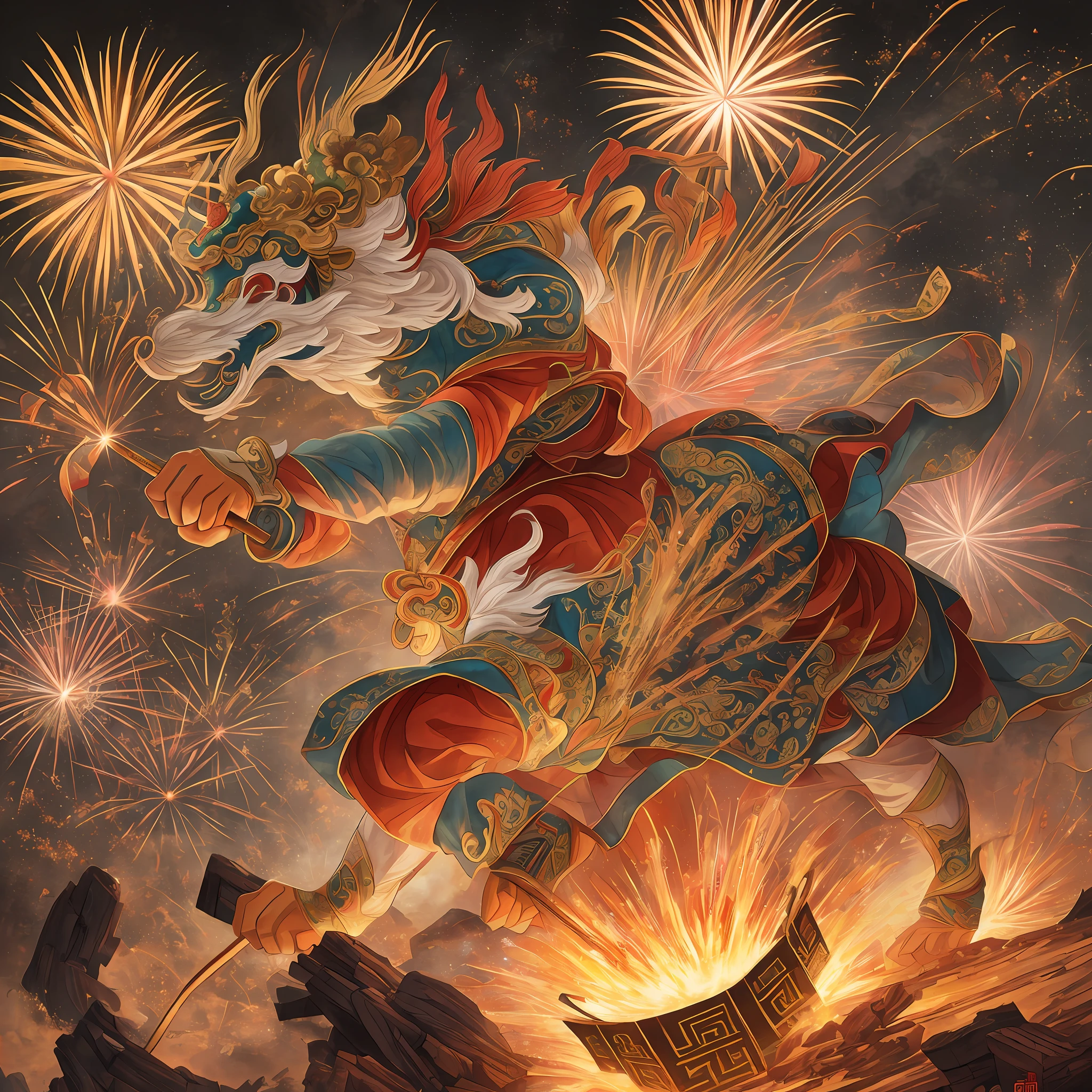 ((Chinese painting style, traditional style: 1.3 + extended perspective: 1.1), (fireworks box: 1.4 + three-dimensional: 1.3)), shocking landscape, deep culture, beautiful and colorful, attracting attention huge scale, ancient beauty, rich details visual feast, festive traditional fire, multiple special effects dynamic and brilliant, high quality and high resolution. --auto --s2