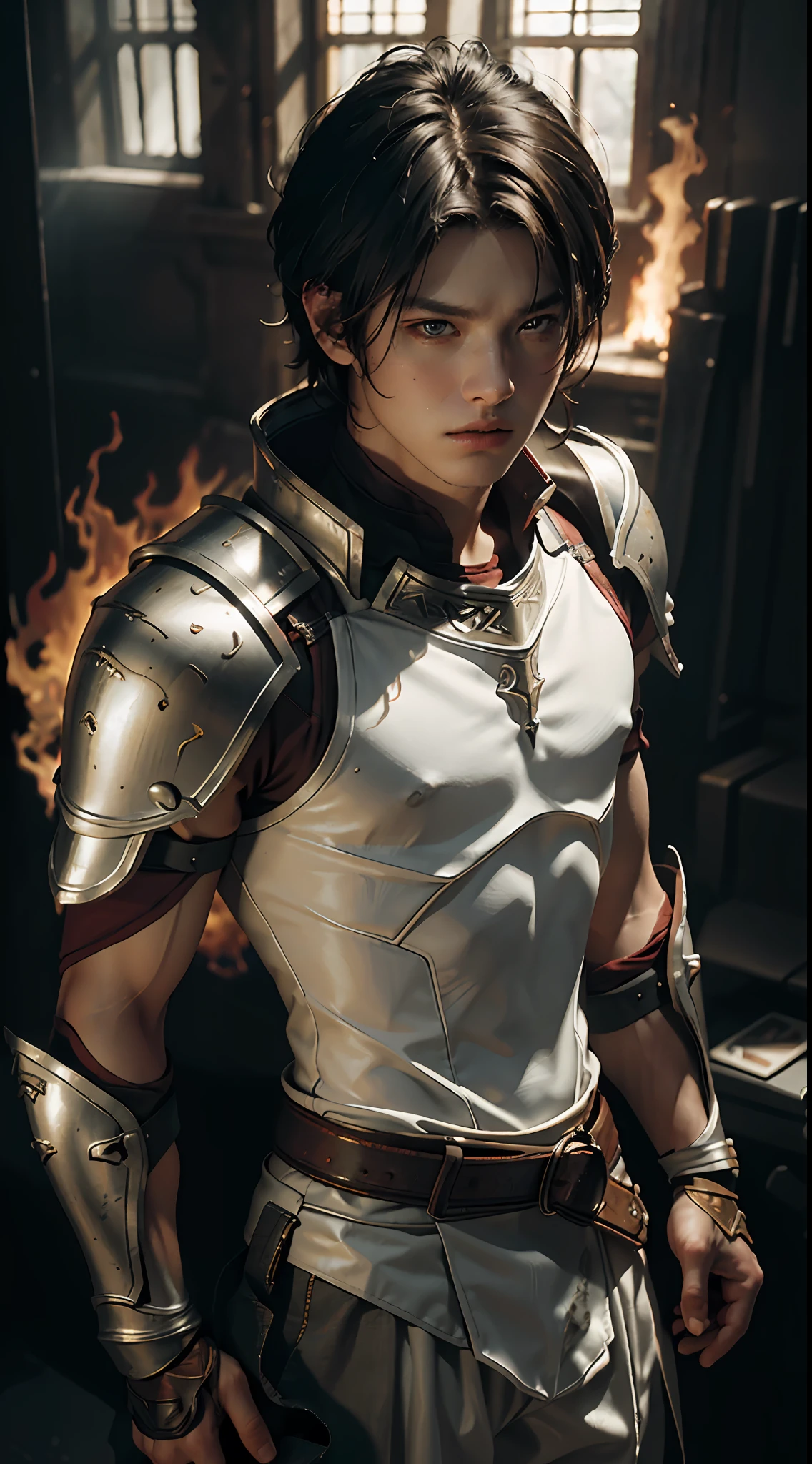 Best quality, masterpiece, ultra high res, (photorealistic:1.4), raw photo, 1boy, white warrior armor, cinematic lighting, ((male)), fierce face, fire elements