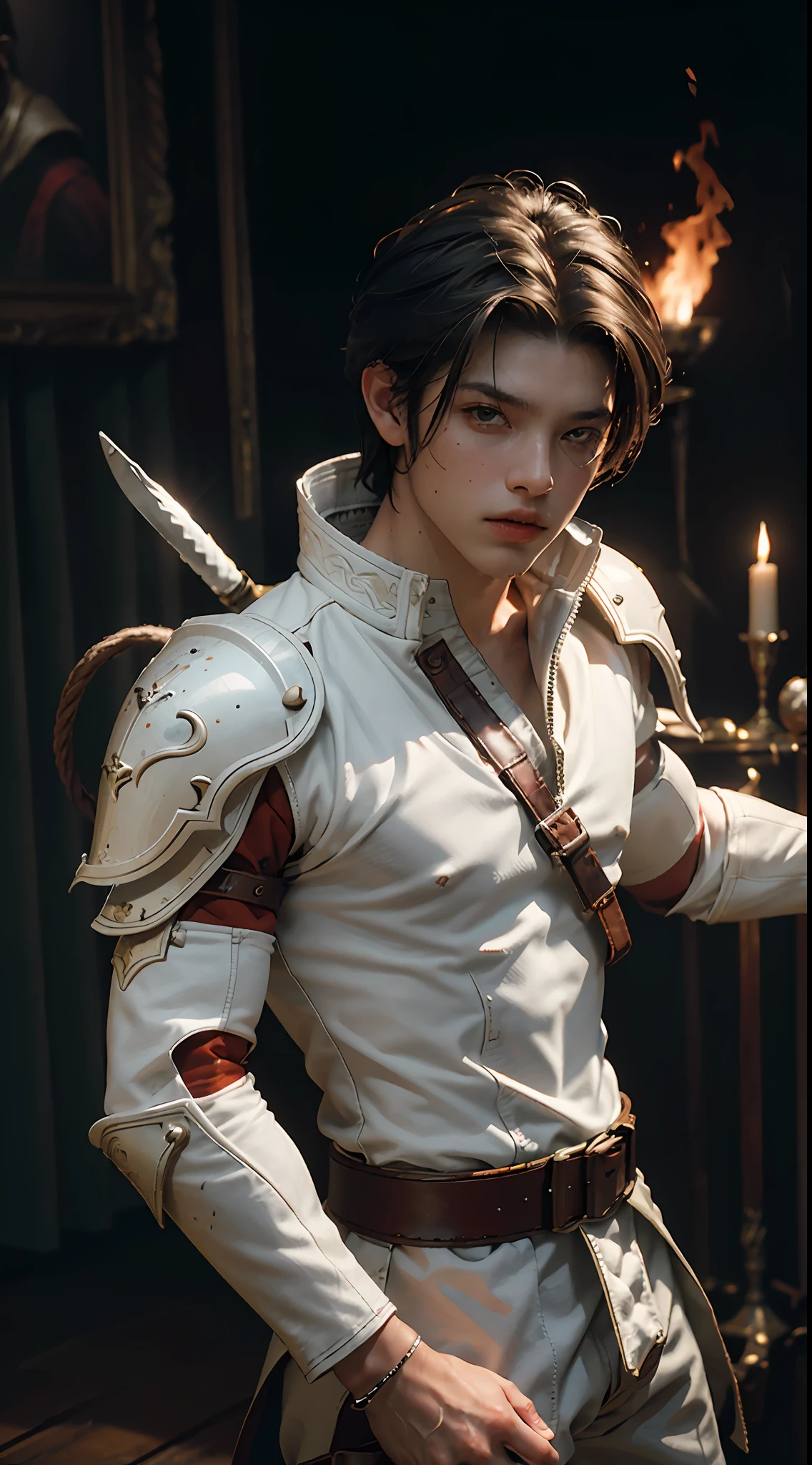 Best quality, masterpiece, ultra high res, (photorealistic:1.4), raw photo, 1boy, white warrior armor, cinematic lighting, ((male)), fierce face, fire elements