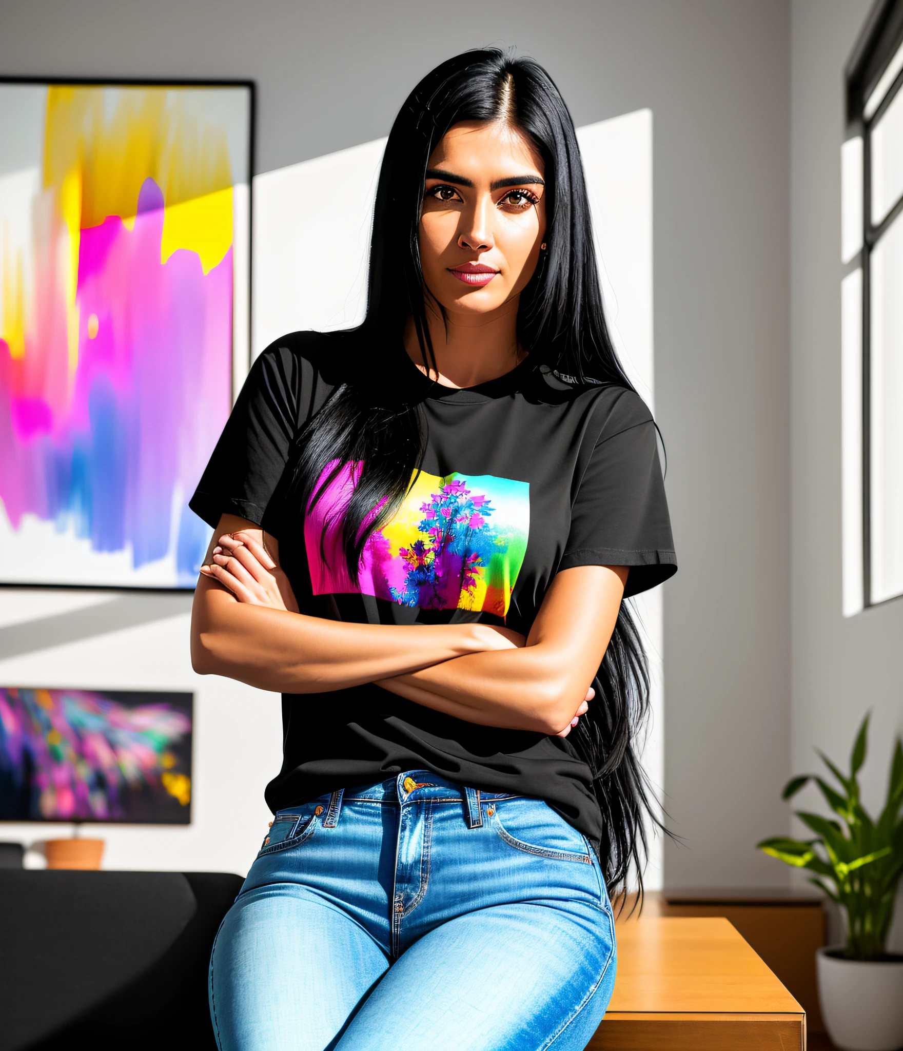 Woman sitting in a room with shiny black hair, wearing jeans and a colorful T-shirt. It has one with fixed look, detailed in a modern room, masterpiece of best quality, photorealistic, detailed, 8k, HDR, shallow depth of field, wide light, high contrast, backlighting, blooming, clear brightnesses, chromatic aberration, sharp focus.