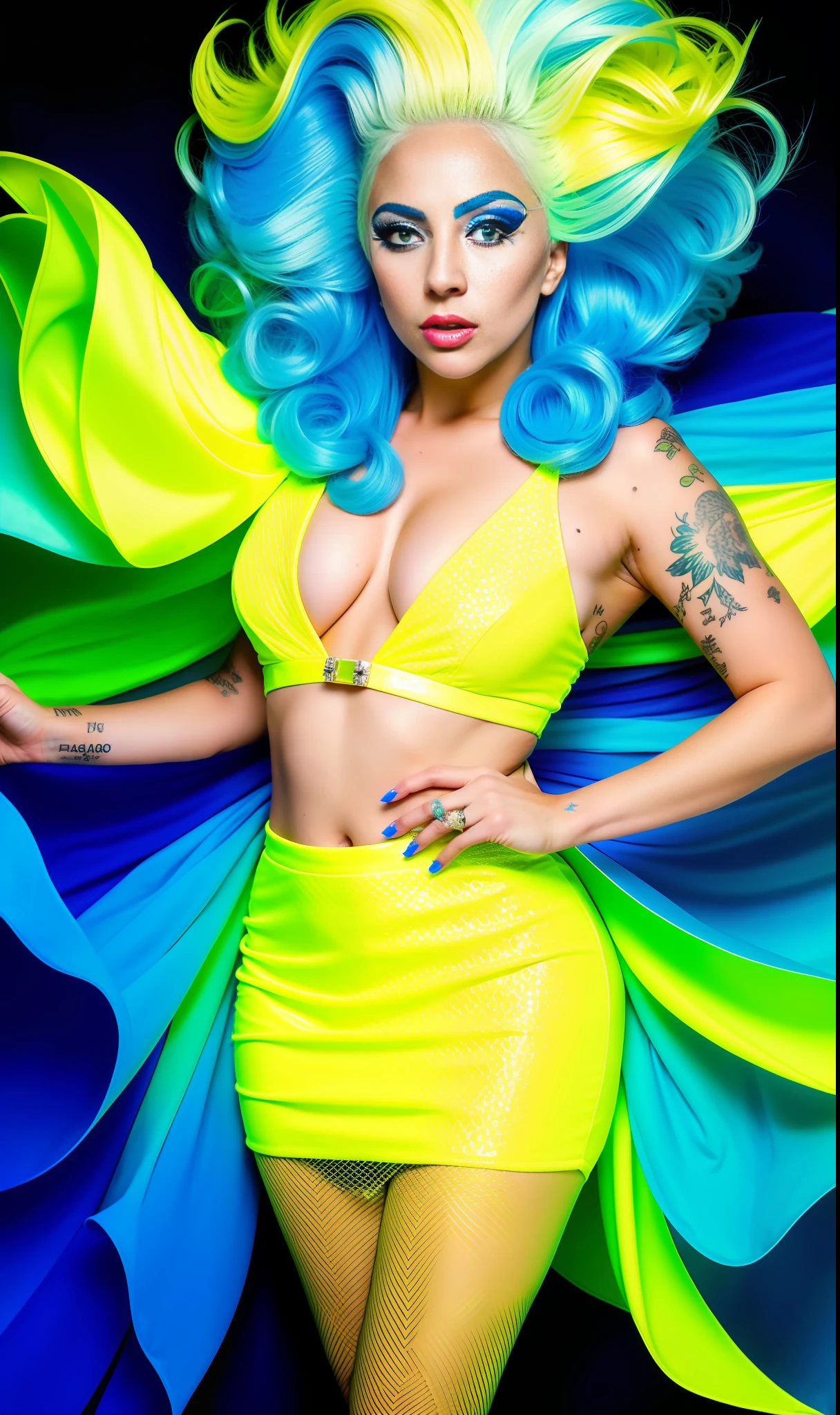 Lady Gaga Photo, 4K Texture, Bright Yellow & Bright Blue Two Piece Dress,Neon,Flamboyant White Hair, 8k Picture, Haute Couture, Flashes, High Image Quality,Neon Dress, Realistic Face, Various Body Poses, Full Body, 8k Image, Sharp Image,HD