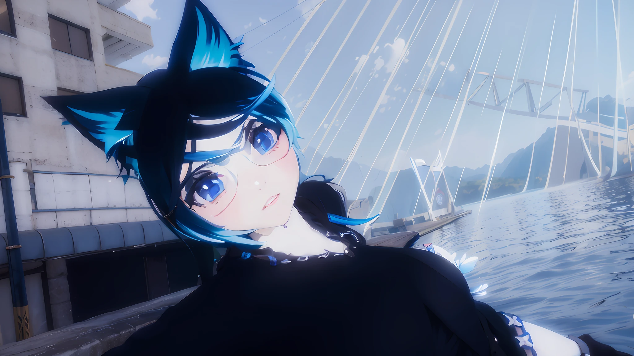 anime girl with blue hair and black shirt standing in front of a bridge, anime style. 8k, anime vibes, vrchat, anime styled 3d, anime style 4 k, stylized anime, anime styled, anime aesthetic, anime stylized, anime inspired, lofi portrait, anime girl with cat ears, anime style