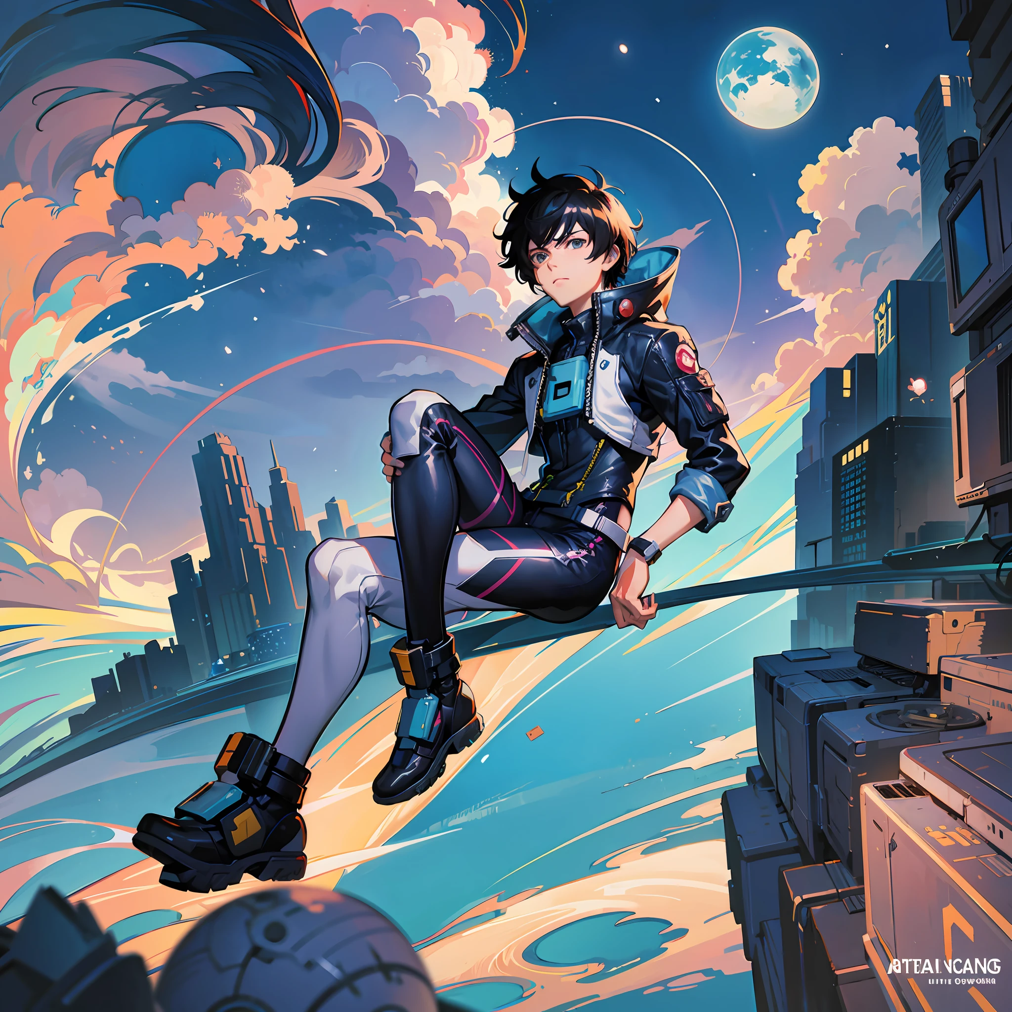 anime guy sitting on the ground looking at the planet, space cowboy, cyber space cowboy, inspired by Josan Gonzalez, makoto shinkai ( apex legends ), akira artstyle, ross tran style, akira vibes, akira art style, floating beside planets, josan gonzales, sci - fi art!!!!!!!, josan gonzales!!!, in space, modern sci-fi anime --auto --s2