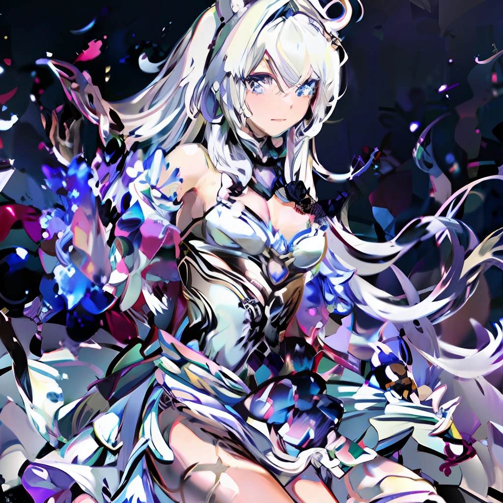 Top quality, beautiful eyes and detailed face with attention to detail, high quality, masterpiece, serving, beholder, simple background, white background, cowboy shot, (blonde | silver hair), ridiculously long hair, gradient hair, cat ears, fluffy tail, purple lace trim dress, lace trim hair band