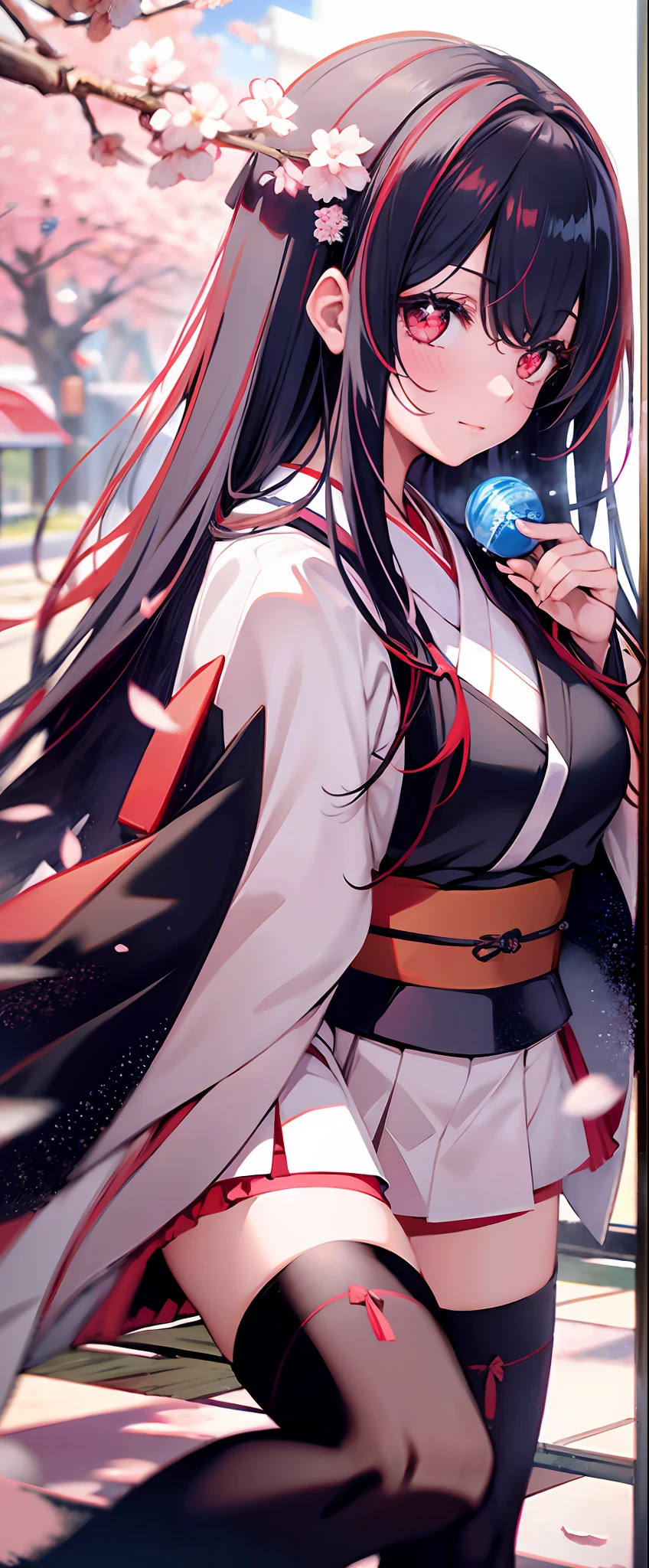 Long hair, red eyes, black stockings and white stockings matching, loli, white kimono, ribbon, cherry blossoms, Japanese, master works, delicate, delicate, 8k