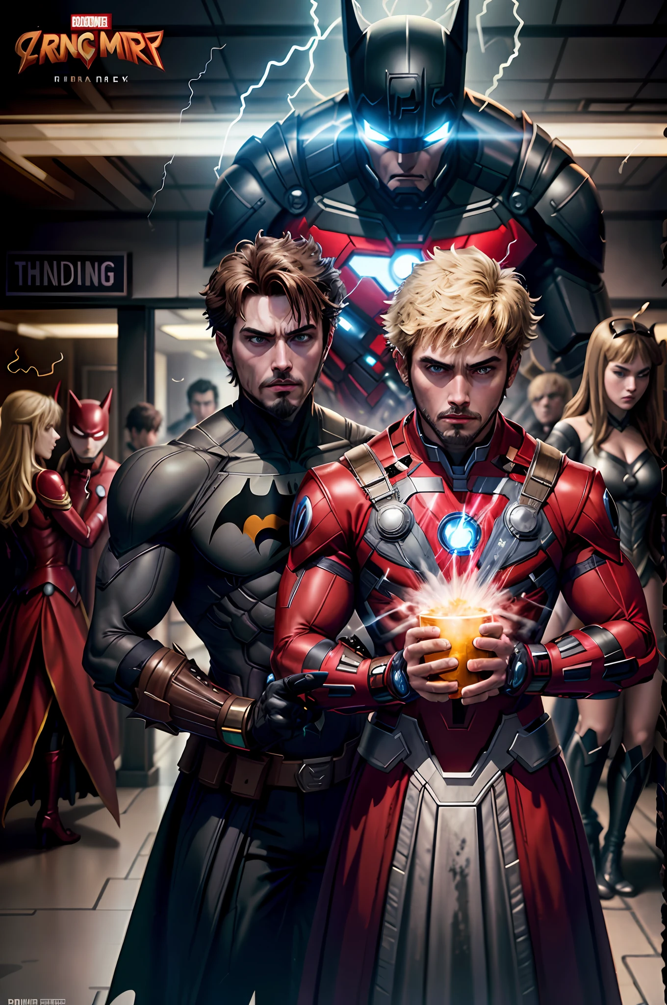 Three heroes dressed in costumes, batman, iron man, thor, marvel, dc, smoke, sparks, lightning, thunder, profile picture, photo, art hylics, boku no hero academy style, (Movie Poster)