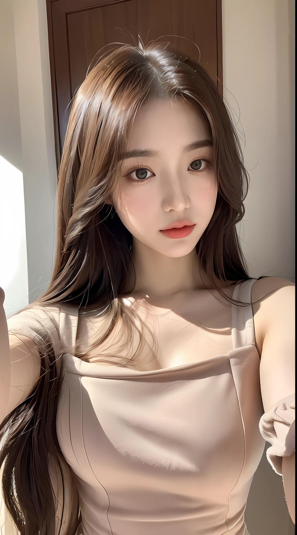 (1 cute Korean star) shoulder-length hair, light makeup, selfie, Canon EOS clear facial features, clear and realistic details, dress: 1.1, highly detailed face and skin texture, detailed eyes, double eyelids, whitened skin