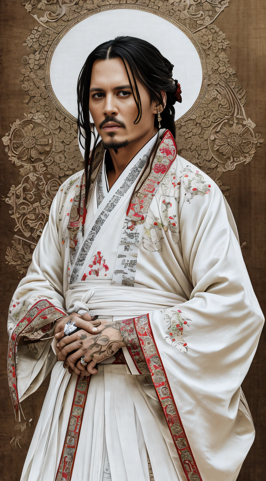 Masterpiece, Johnny Depp, wearing traditional Chinese Hanfu, white Hanfu, embroidery, Chinese architectural background