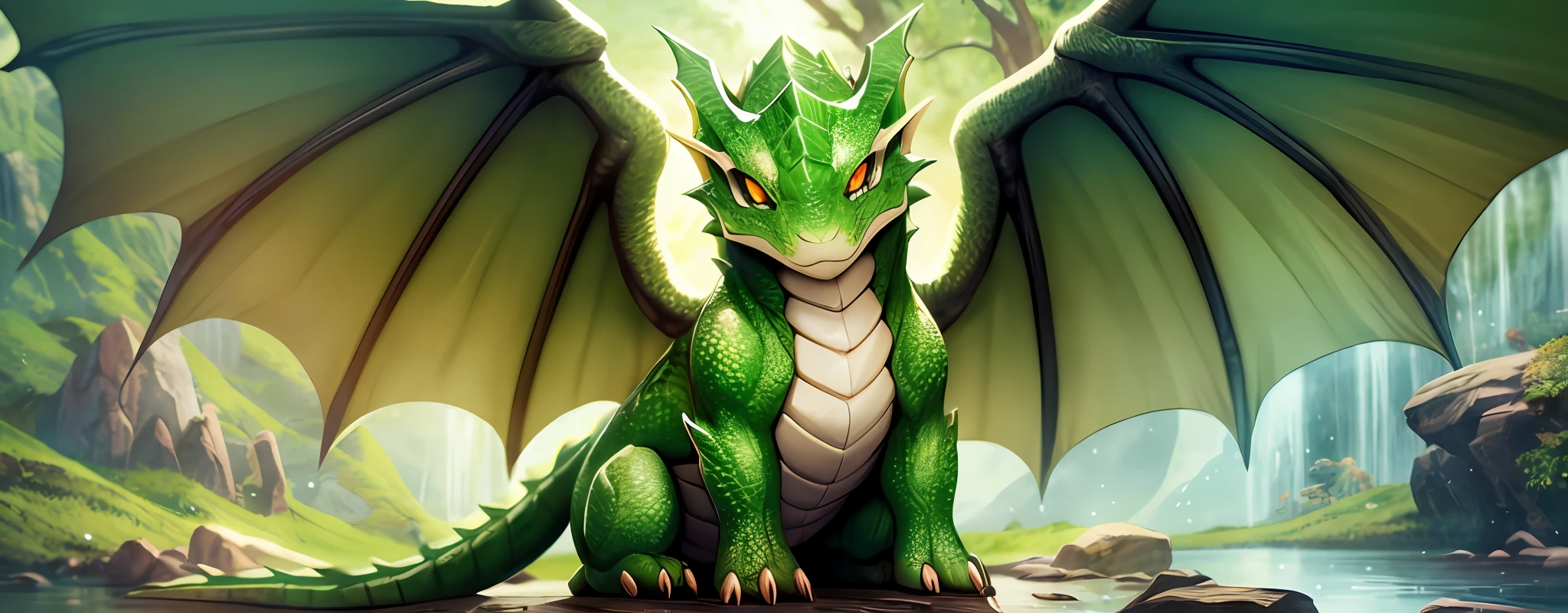 Mini green dragon cute, majestic, perfect,symmetrical, no physical defects, dragon skin, dragon wings, big eyes, background mountain with waterfall, photorealistic, hyperrealistic, hyperdetailed, pokemon style, full body, sitting, detailed skin, matte skin, soft lighting, subsurface scattering, realistic, heavy shadow, masterpiece, best quality, ultra realistic, 8k, film photography, soft focus, super cute creature --auto --s2
