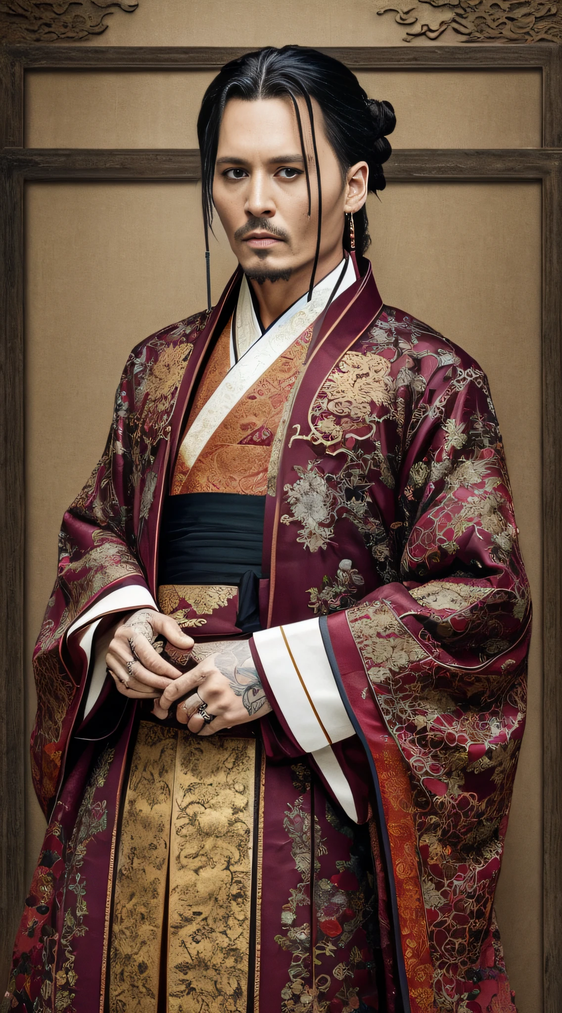 Masterpiece, Johnny Depp, wearing traditional Chinese Hanfu, black Hanfu, embroidery, Chinese architectural background