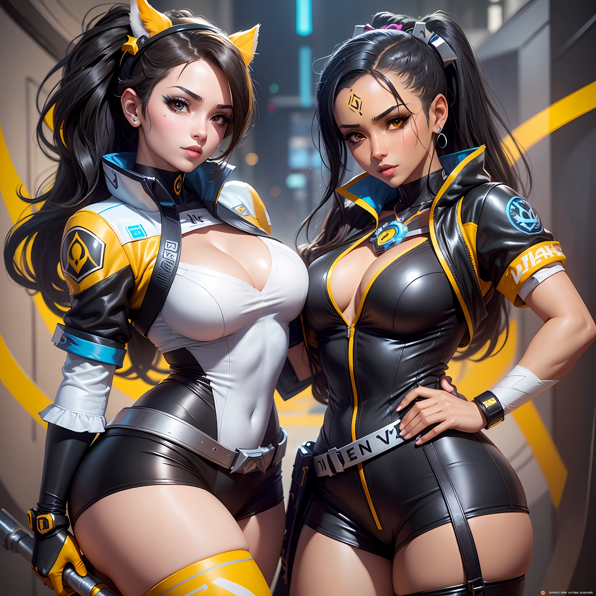 there is a woman in a white shirt and black and yellow outfit, senna from league of legends, as overwatch character, as an overwatch character, symmetra from overwatch, echo from overwatch, loba andrade from apex legends, overwatch inspired, anime girl in real life, range murata and artgerm, full-cosplay, irelia from league of legends