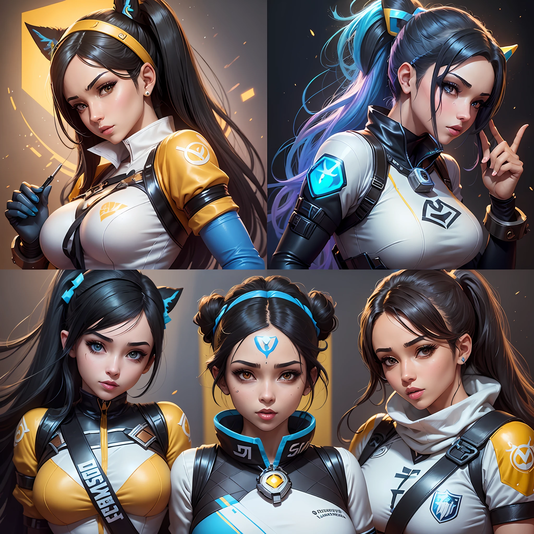 there is a woman in a white shirt and black and yellow outfit, senna from league of legends, as overwatch character, as an overwatch character, symmetra from overwatch, echo from overwatch, loba andrade from apex legends, overwatch inspired, anime girl in real life, range murata and artgerm, full-cosplay, irelia from league of legends