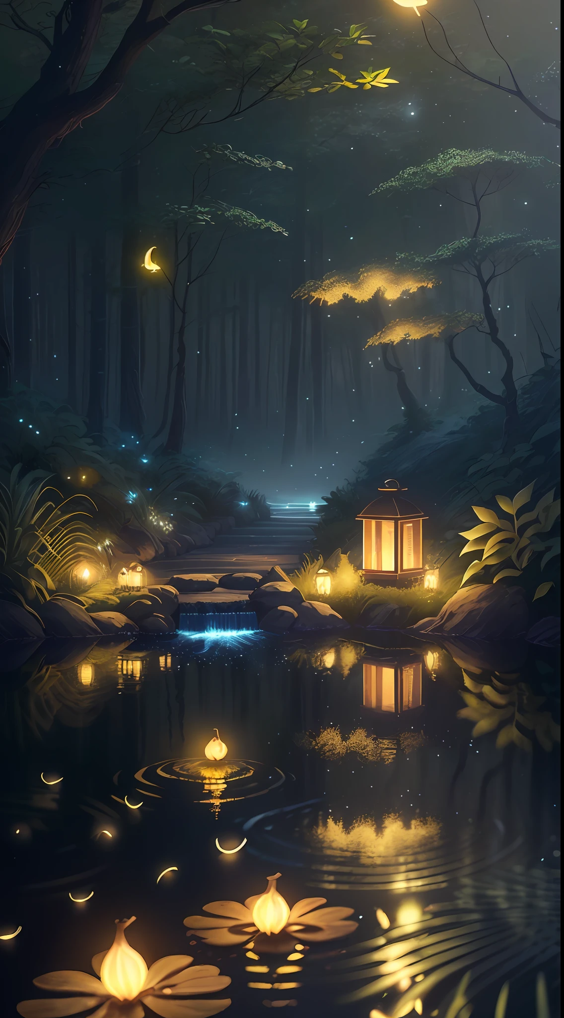 Masterpiece, best quality, (very detailed CG unity 8k wallpaper), (best quality), (best illustration), (best shadows), glow sprite, with a glowing deer, in the swimming pool Drinking water, natural elements in the forest theme. Mysterious forest, beautiful forest, nature, surrounded by flowers, delicate leaves and branches surrounded by fireflies (natural elements), (jungle theme), (leaves), (twigs), (fireflies), (particle effects) etc. 3D , Octane rendering, ray tracing, super detailed