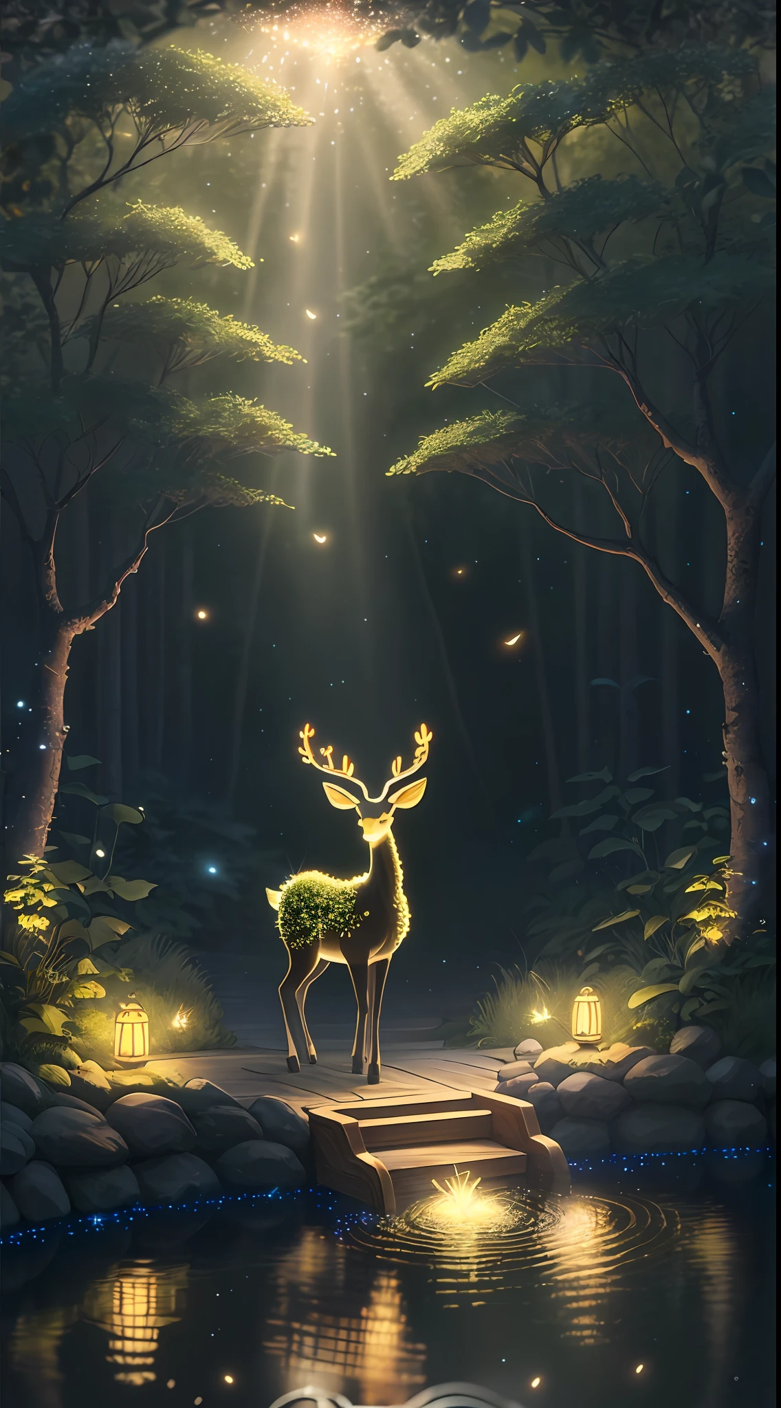 Masterpiece, best quality, (very detailed CG unity 8k wallpaper), (best quality), (best illustration), (best shadows), glow sprite, with a glowing deer, in the swimming pool Drinking water, natural elements in the forest theme. Mysterious forest, beautiful forest, nature, surrounded by flowers, delicate leaves and branches surrounded by fireflies (natural elements), (jungle theme), (leaves), (twigs), (fireflies), (particle effects) etc. 3D , Octane rendering, ray tracing, super detailed
