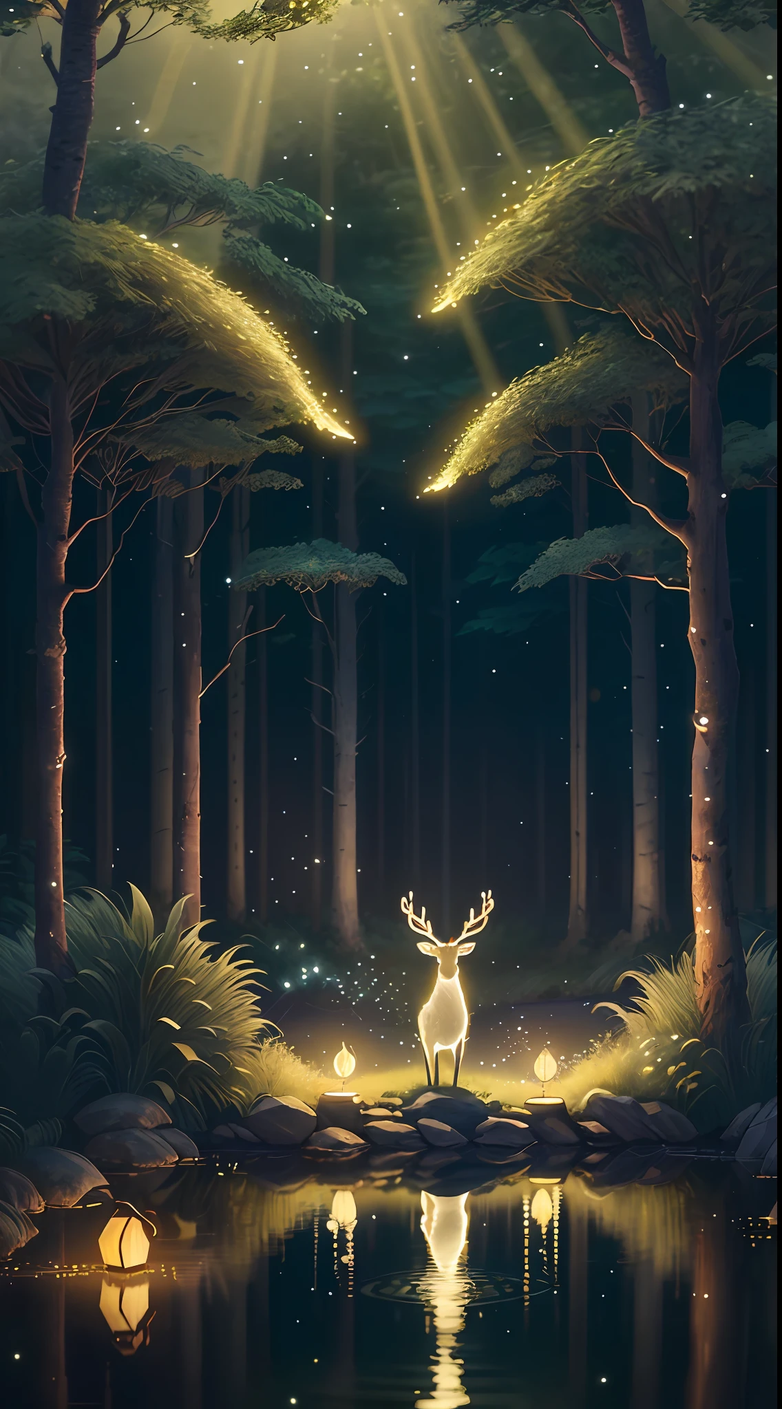 Masterpiece, best quality, (very detailed CG unity 8k wallpaper), (best quality), (best illustration), (best shadows), glow sprite, with a glowing deer, in the swimming pool Drinking water, natural elements in the forest theme. Mysterious forest, beautiful forest, nature, surrounded by flowers, delicate leaves and branches surrounded by fireflies (natural elements), (jungle theme), (leaves), (twigs), (fireflies), (particle effects) etc. 3D , Octane rendering, ray tracing, super detailed