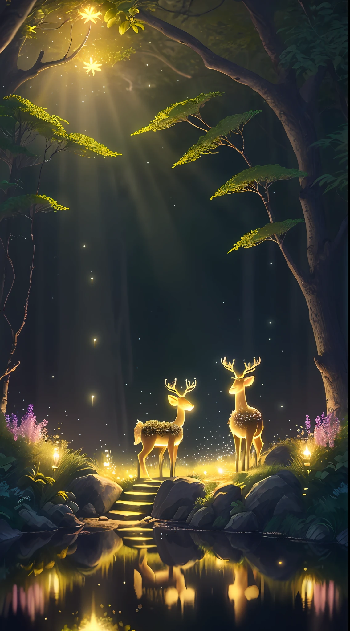 Masterpiece, best quality, (very detailed CG unity 8k wallpaper), (best quality), (best illustration), (best shadows), glow sprite, with a glowing deer, in the swimming pool Drinking water, natural elements in the forest theme. Mysterious forest, beautiful forest, nature, surrounded by flowers, delicate leaves and branches surrounded by fireflies (natural elements), (jungle theme), (leaves), (twigs), (fireflies), (particle effects) etc. 3D , Octane rendering, ray tracing, super detailed