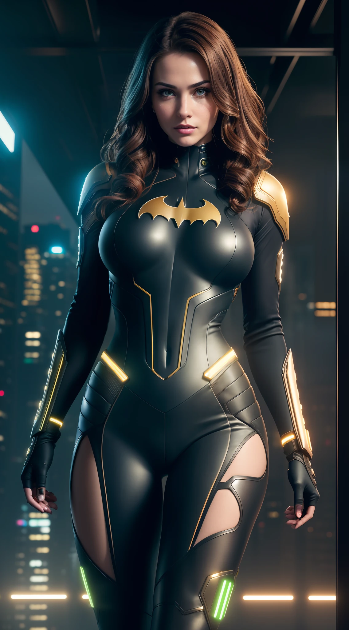 Full face portrait photo of 23-year-old batgirl, beautiful woman, semi-open strawberry lips, dimples, wistful look, (extra long wavy brown hair), ((detailed face)), ((detailed facial features)), (finely detailed skin), pale skin, (in a highly detailed deep neckline sexy futuristic cyberpunk dress made of circuit boards, the megacity cyberpunk environment, neon lights, skyscrapers), (shirtless), ((in the gym)), soft natural light, wet skin, cyberpunk megacity environment, (cool colors), damp, reflections, (masterpiece) (perfect proportion), (realistic photo), (best quality), (detailed) (cinematic lighting) (dramatic lighting) (sharp focus) (intricate), , black jeans, back arms, 8k uhd, dslr, high quality, extremely detailed, photorealistic, realistic, incredibly absurd, highly detailed, sharp focus, (Professional Studio Lighting), Edge Lighting, Dramatic Lighting, Cinematic Lighting, Lumen Reflections, Soft Natural Lighting, Soft Color, Photon Mapping, Radiosity, (Beautiful Eyes), (Detailed Eyes), (Detailed Face), Symmetrical Eyes, Sharp Eyes, Cold Face, Full Body), (HIGH LEVEL OF DETAIL),(, (athletic body), (Sweaty), Thin waist, Large breasts, , High Detailed Skin, Uncharacterized Texture, Hyper Detailed, Realistic Skin Texture, Armor, best quality, ultra high res, (photorealistic: 1.4) high resolution, detailed, raw photo, sharp and rich colors hyper realistic texture dramatic lighting unreal engine, veins in body, (body and fitness).,thin waist