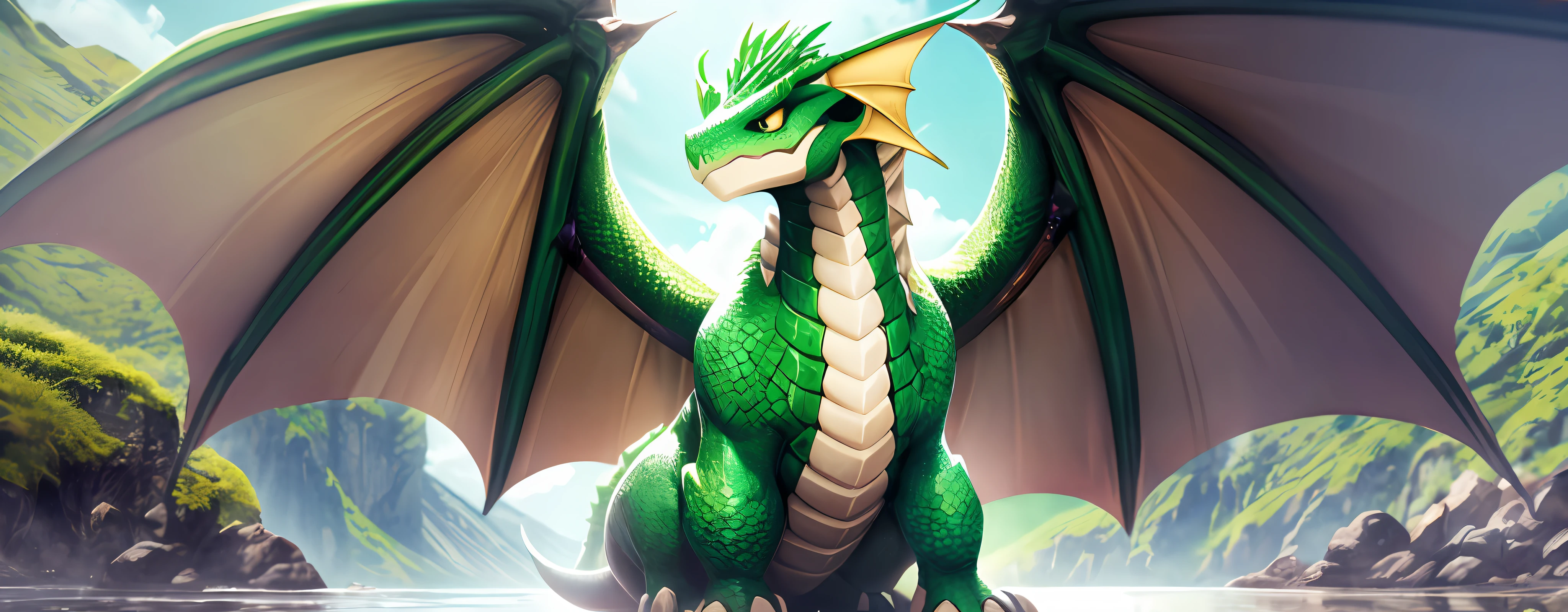 Mini green dragon cute, majestic, perfect,symmetrical, no physical defects, dragon skin, dragon wings, big eyes, background mountain with waterfall, photorealistic, hyperrealistic, hyperdetailed, pokemon style, full body, sitting, detailed skin, matte skin, soft lighting, subsurface scattering, realistic, heavy shadow, masterpiece, best quality, ultra realistic, 8k, film photography, soft focus, super cute creature --auto --s2