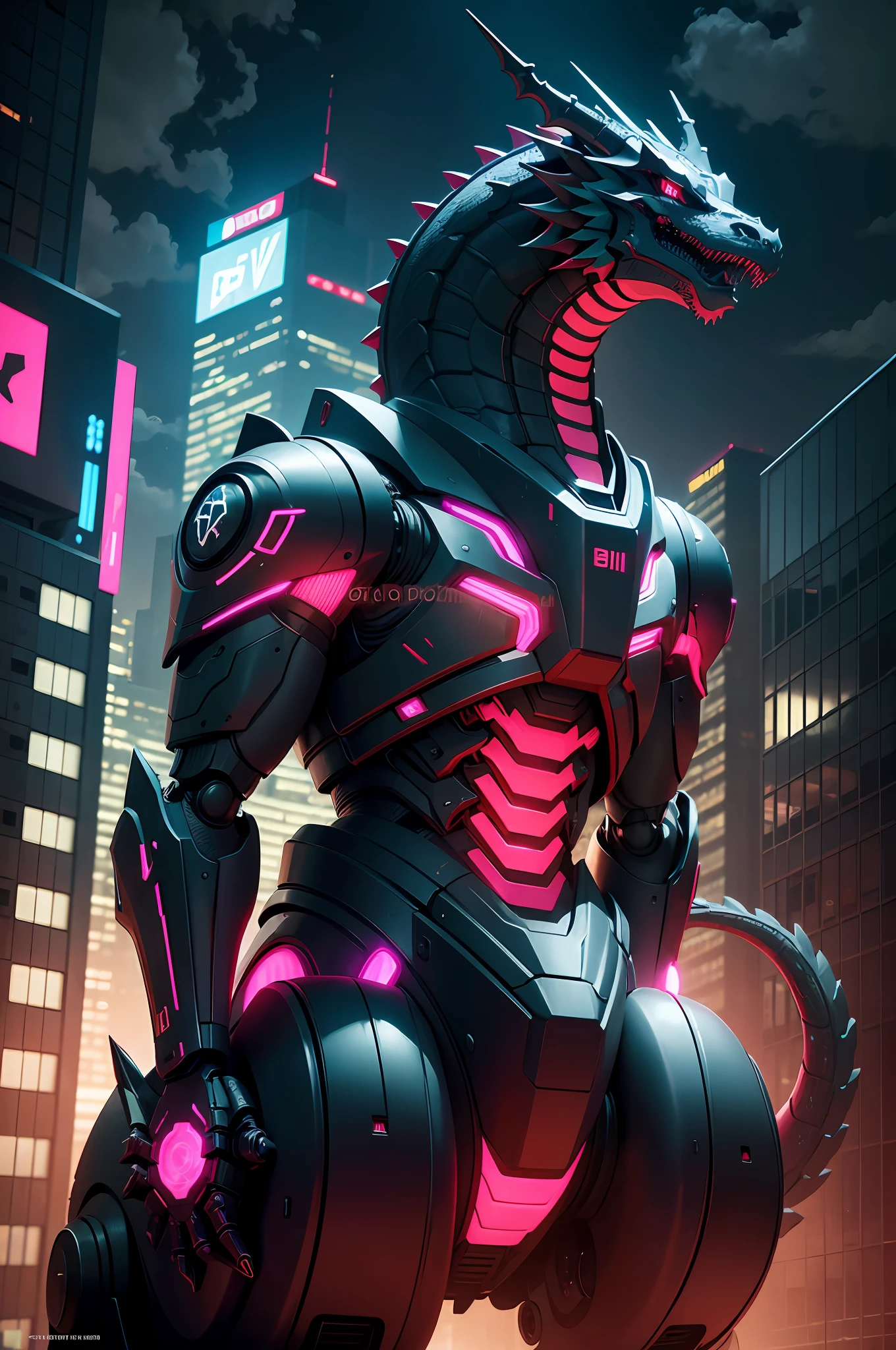 Futuristic robotic royal dragon, red color with black and gray, city background at night with blue, green purple and neon pink buildings, green buildings window and pink movie --auto --s2