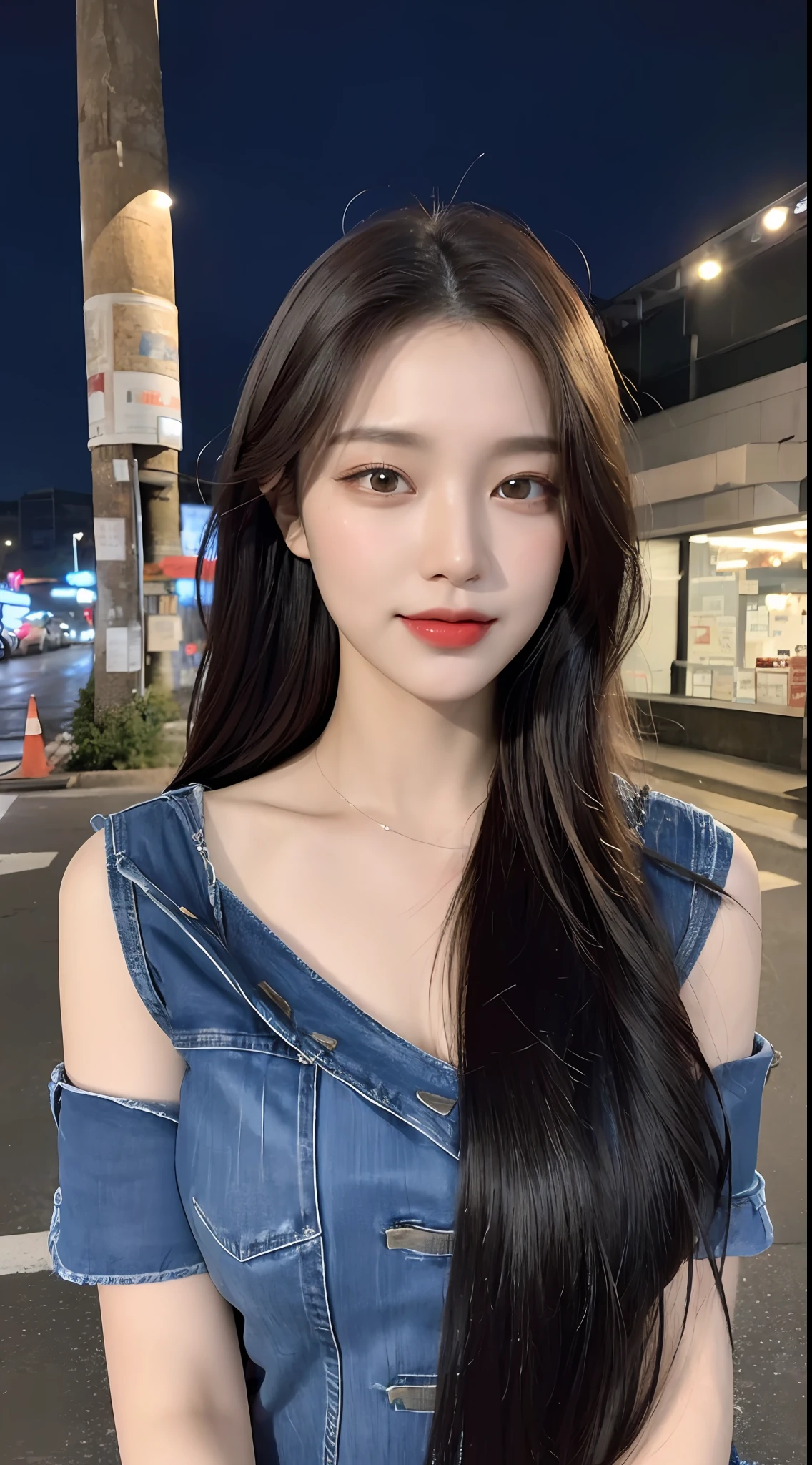 20 years old, pure beauty, danfeng eyes, double eyelids, lying silkworm, long eyelashes, black eyes, deep black hair, graceful body, exposed slender waist, casual shirt, new perfect denim, face highlight, smile, look at me, bust photo, background, city night scene, Tyndall light, filter rendering, super fine, HD, HD, HD picture quality, detail, 18k ultra HD resolution, top effects, master works, bust photos.