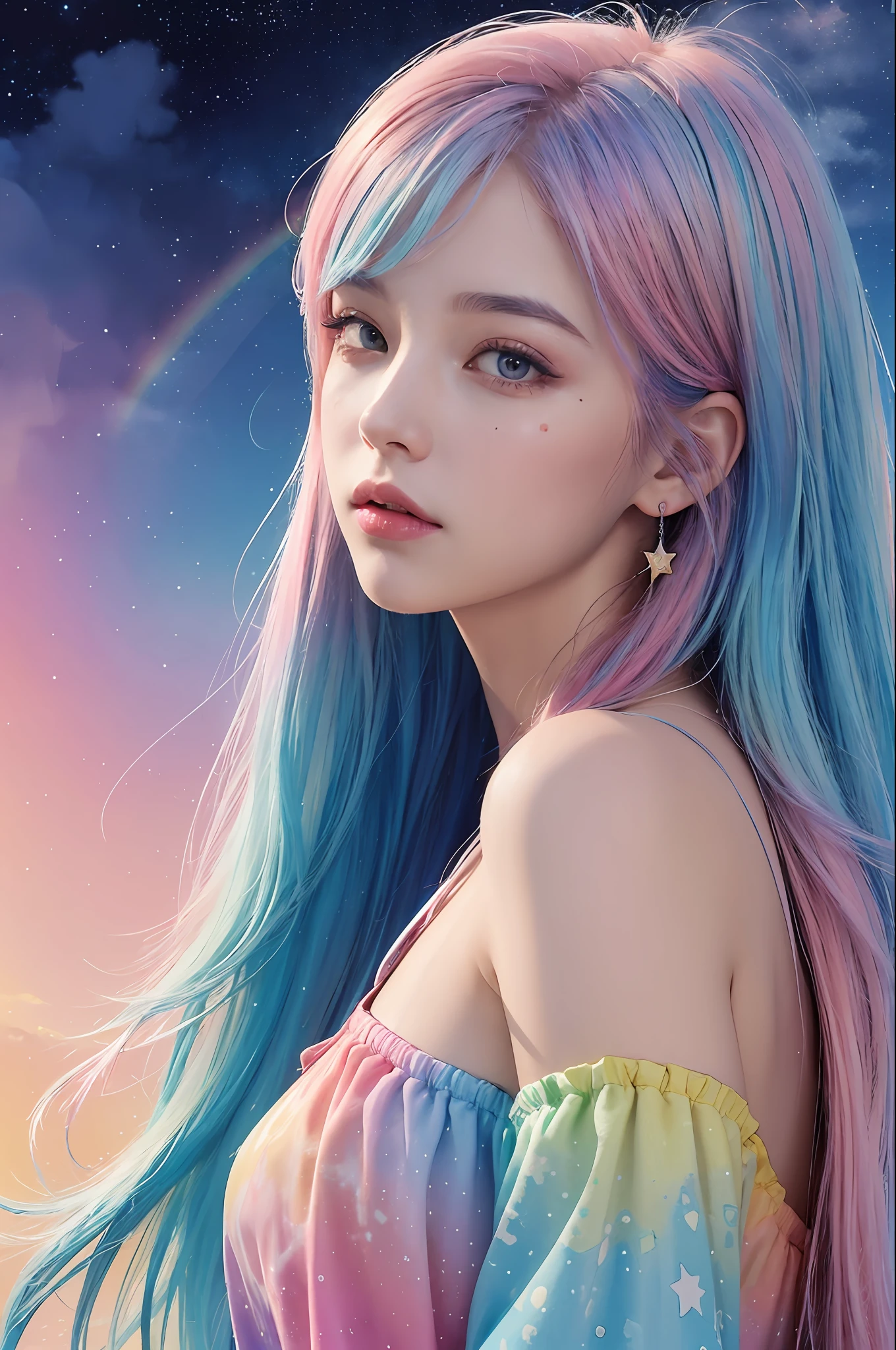 (masterpiece, top quality, best quality,watercolor (medium),official art, beautiful and aesthetic:1.2),(1girl:1.3), (fractal art:1.3),upper body, from side, looking at viewer,patterns,(rainbow color Hair,colorful hair,half blue and half pink hair:1.2),water,liquid, cloud,colorful, starry,stars,