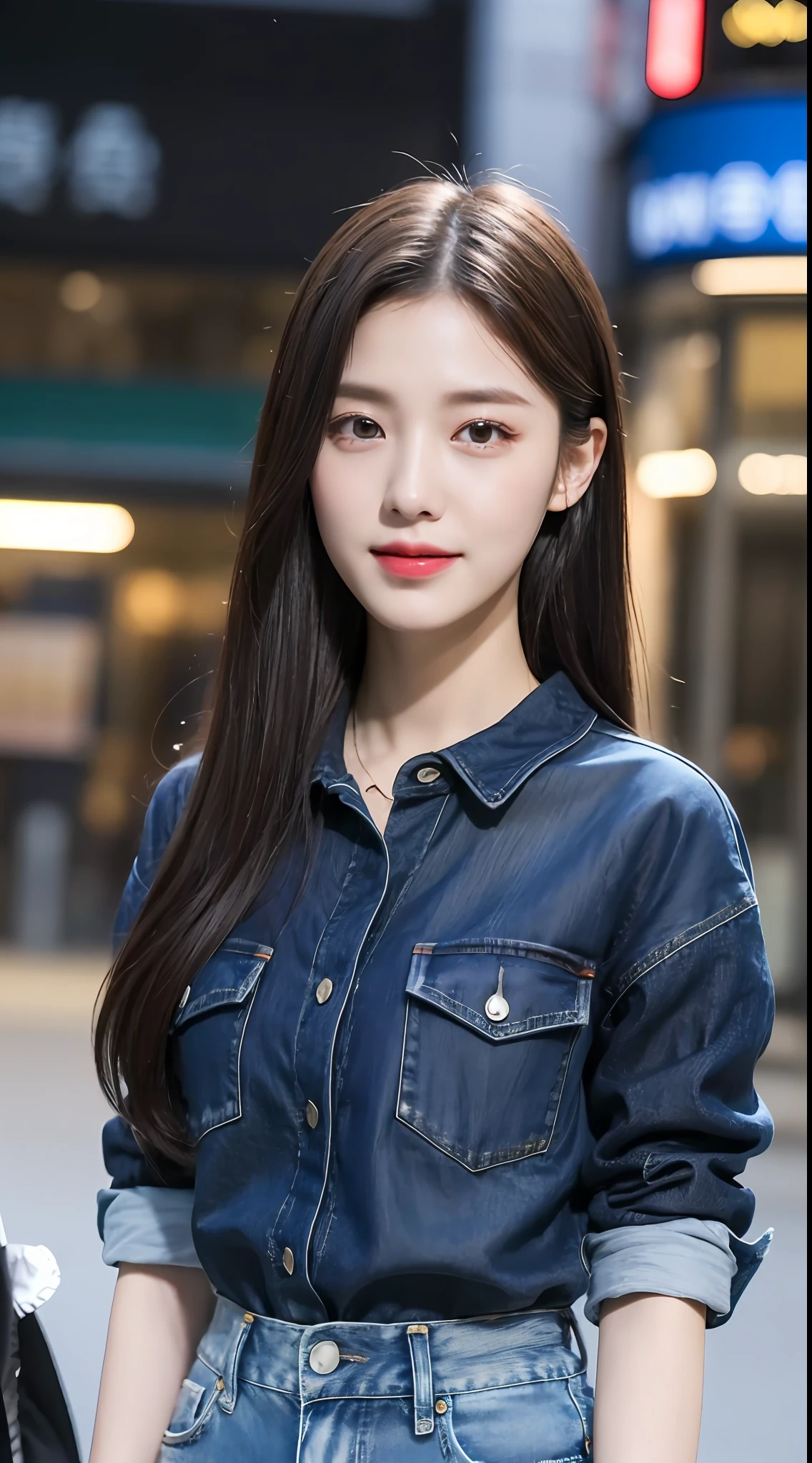 20 years old, pure beauty, danfeng eyes, double eyelids, lying silkworm, long eyelashes, black eyes, deep black hair, graceful body, exposed slender waist, casual shirt, new perfect denim, face highlight, smile, look at me, bust photo, background, city night scene, Tyndall light, filter rendering, super fine, HD, HD, HD picture quality, detail, 18k ultra HD resolution, top effects, master works, bust photos.