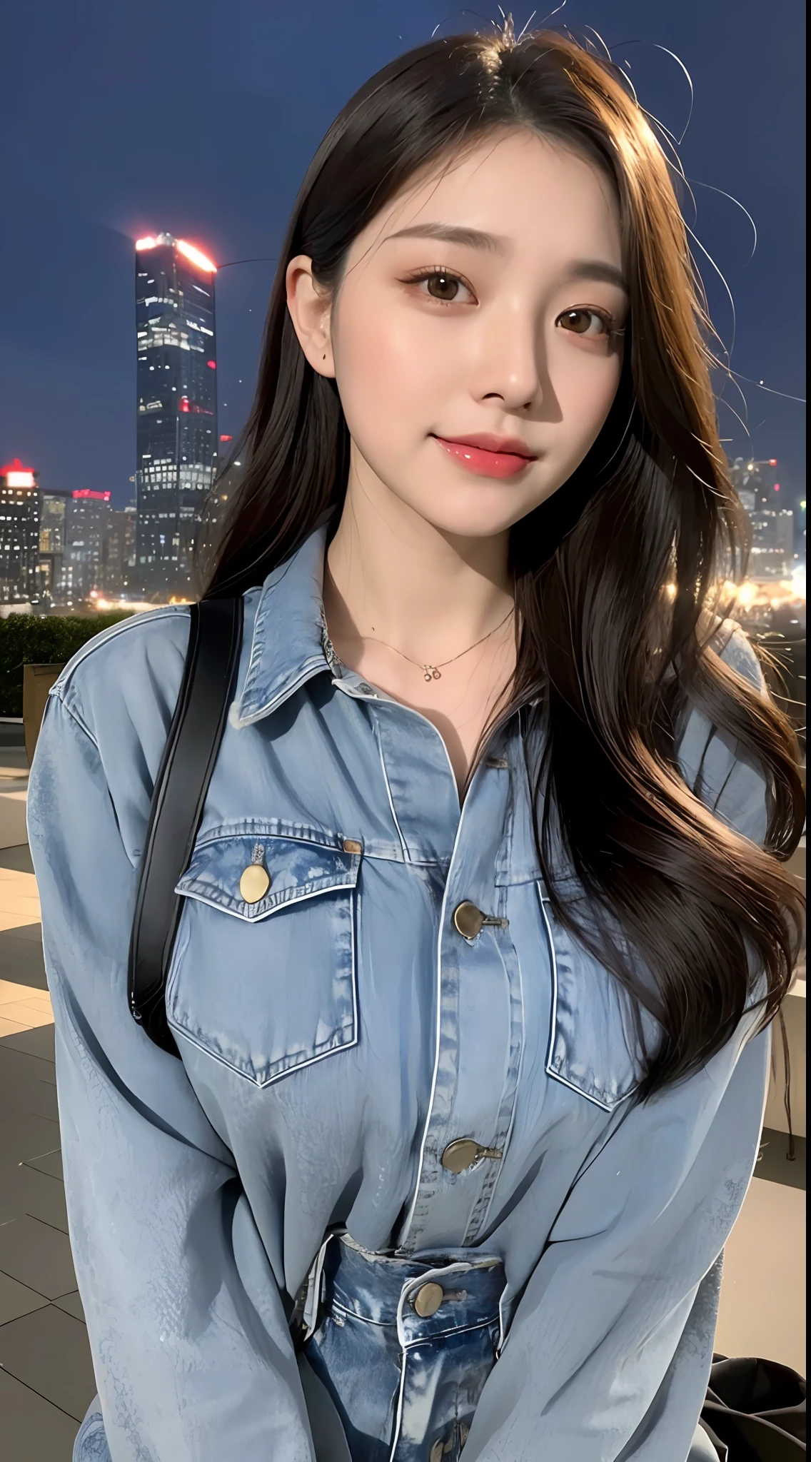 20 years old, pure beauty, danfeng eyes, double eyelids, lying silkworm, long eyelashes, black eyes, deep black hair, graceful body, exposed slender waist, casual shirt, new perfect denim, face highlight, smile, look at me, bust photo, background, city night scene, Tyndall light, filter rendering, super fine, HD, HD, HD picture quality, detail, 18k ultra HD resolution, top effects, master works, bust photos.