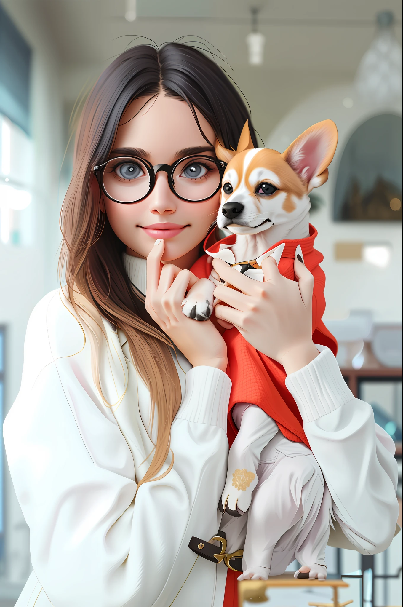 A woman with glasses holding a cute puppy