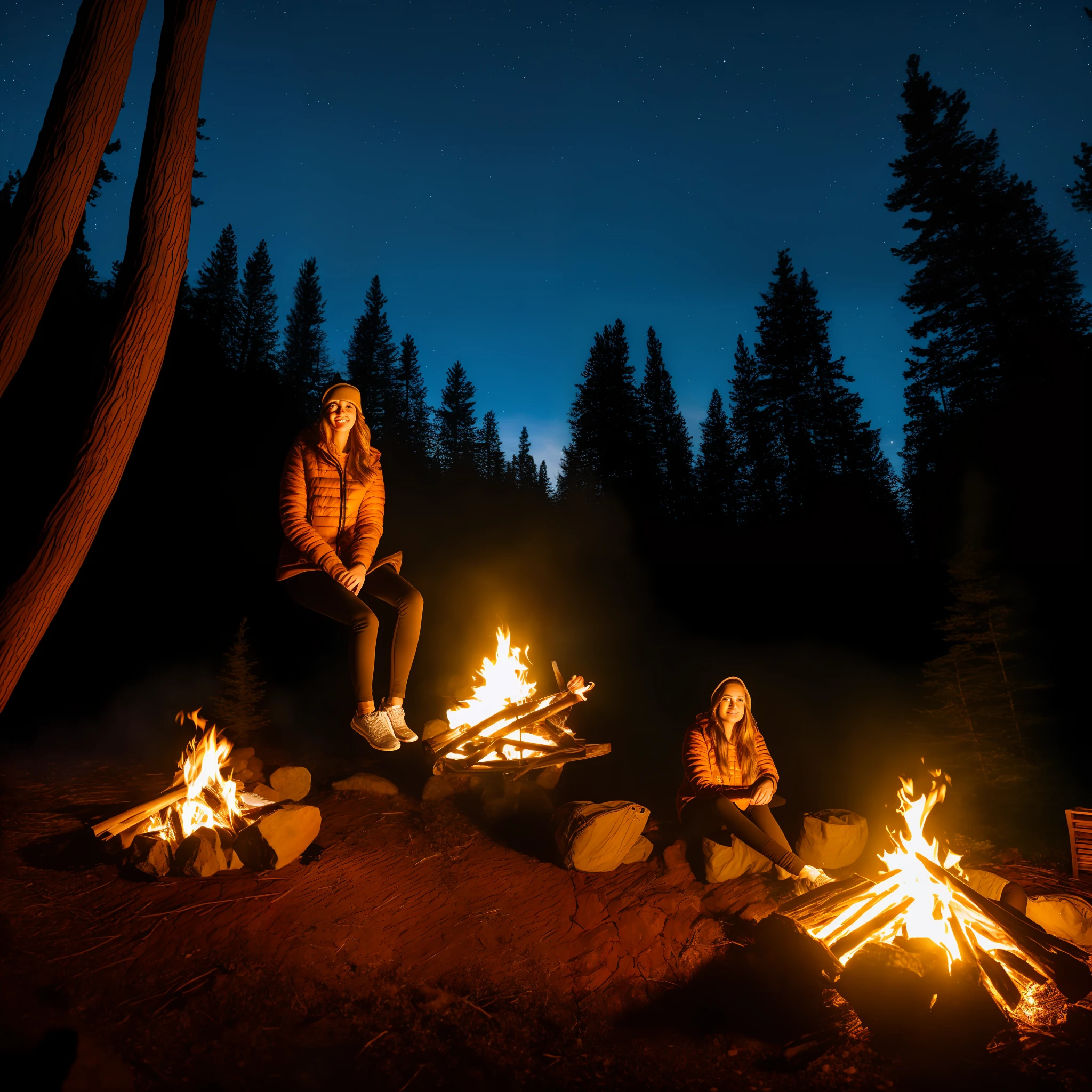 portrait of a woman sitting by a campfire in the forest at night, highly detailed, UHD, 8k