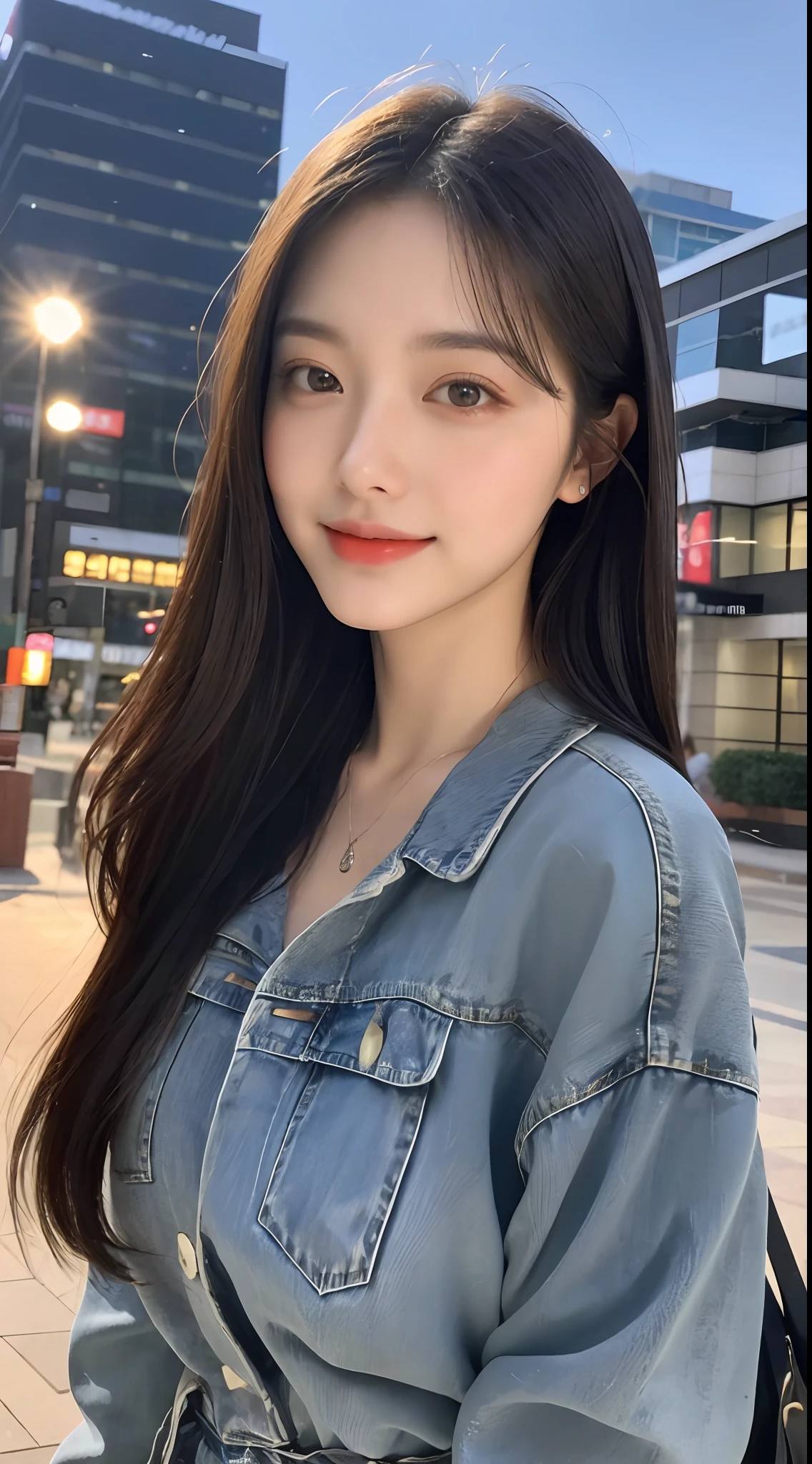20 years old, pure beauty, danfeng eyes, double eyelids, lying silkworm, long eyelashes, black eyes, deep black hair, graceful body, exposed slender waist, casual shirt, new perfect denim, face highlight, smile, look at me, bust photo, background, city night scene, Tyndall light, filter rendering, super fine, HD, HD, HD picture quality, detail, 18k ultra HD resolution, top effects, master works, bust photos.