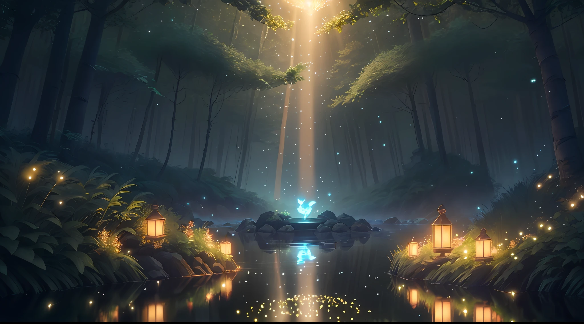 Masterpiece, best quality, (very detailed CG unity 8k wallpaper), (best quality), (best illustration), (best shadows), glow sprite, with a glowing deer, in the swimming pool Drinking water, natural elements in the forest theme. Mysterious forest, beautiful forest, nature, surrounded by flowers, delicate leaves and branches surrounded by fireflies (natural elements), (jungle theme), (leaves), (twigs), (fireflies), (particle effects) etc. 3D , Octane rendering, ray tracing, super detailed