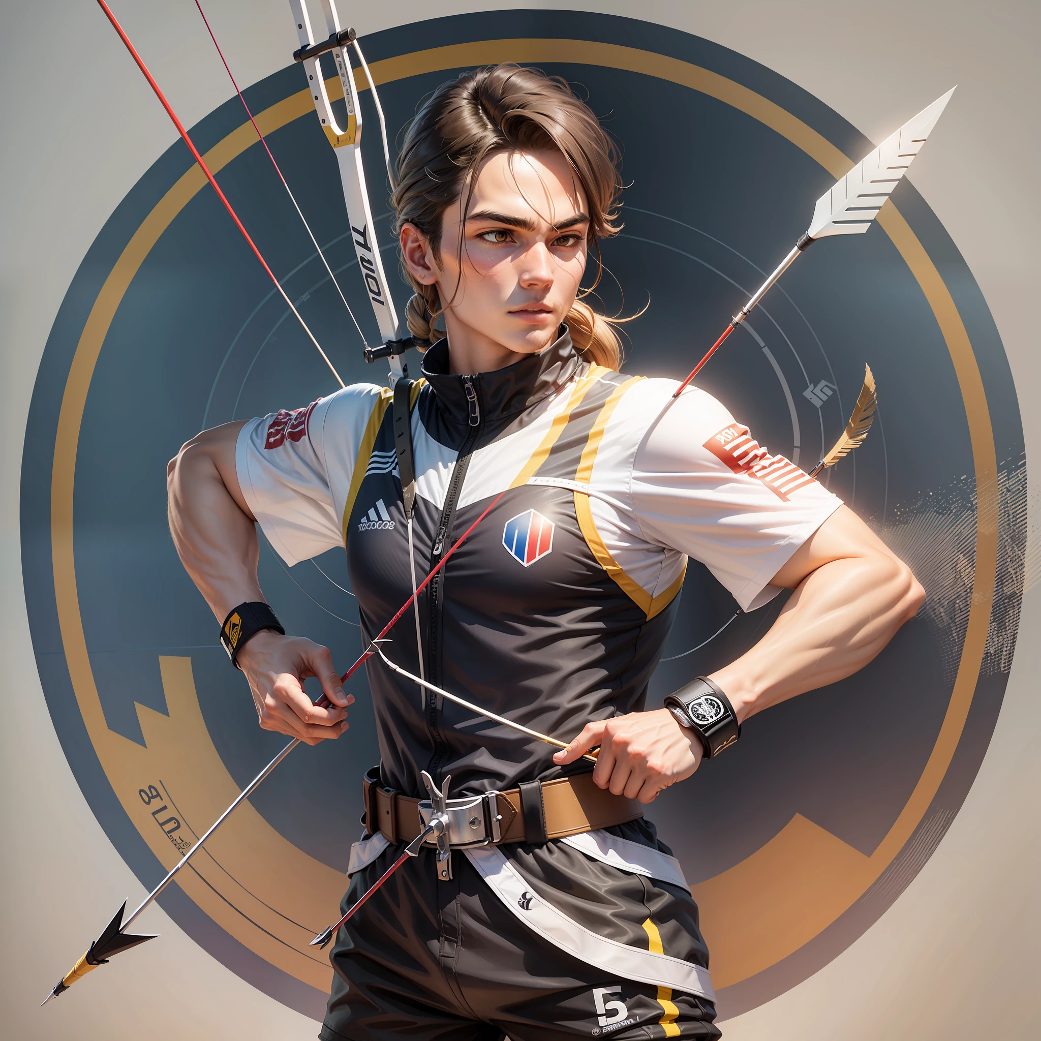 A logo for the uniform of an archery team, with a man vectored with a bow and arrow, and an Olympic target --auto --s2